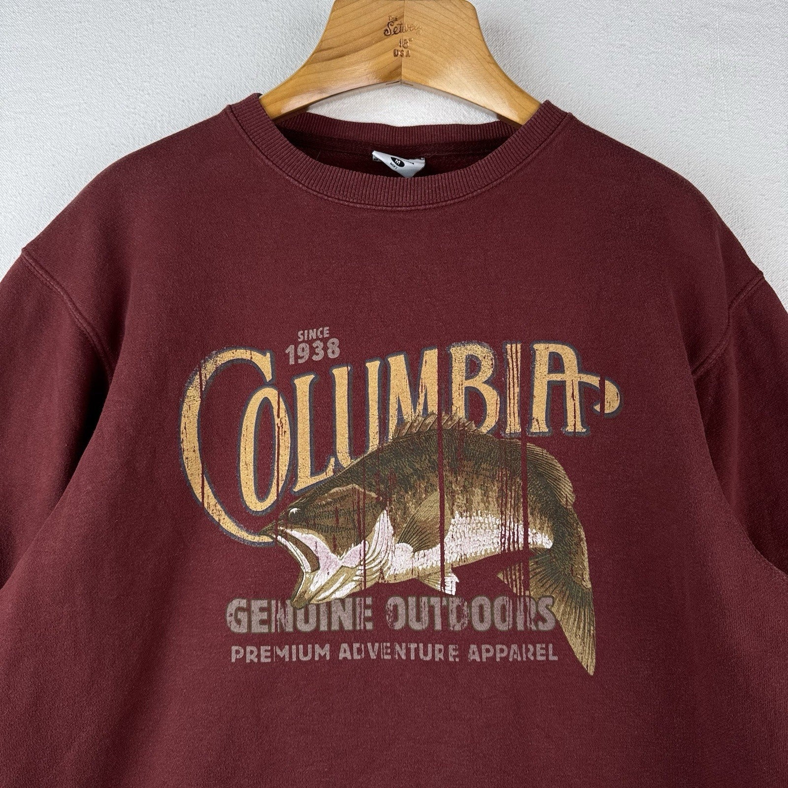 Vtg Columbia Bass Fishing Sweatshirt Men's M Crew Neck Red Maroon Fisherman