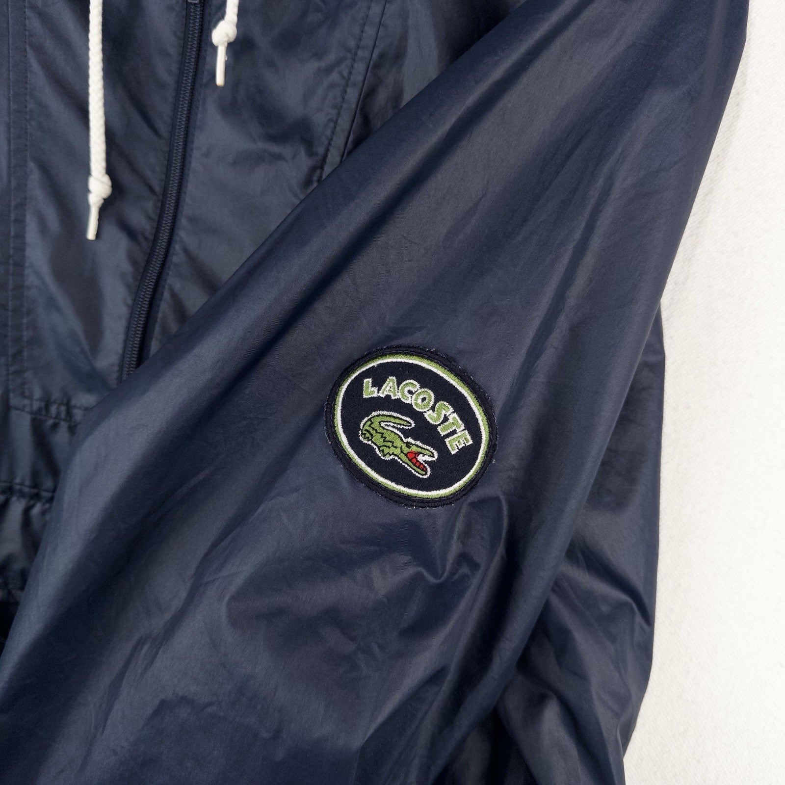 80’s Vtg Lacoste Izod Men’s XL Packable Rain Jacket FannyPack Navy Blue Hooded