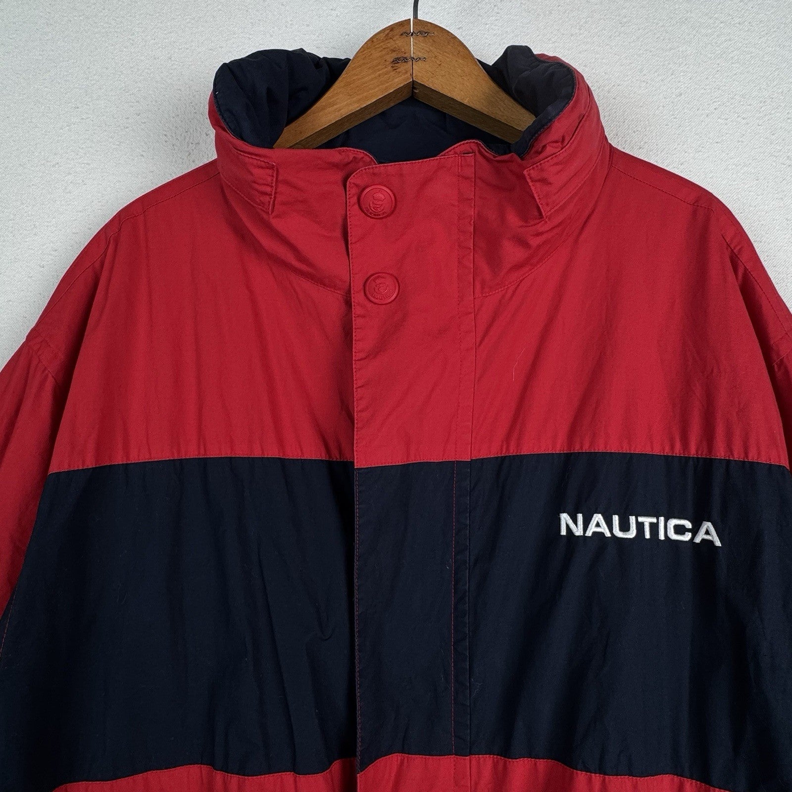 Vintage 90s Nautica Mens L Red Blue Stripe Reversible Sailing Windbreaker Jacket