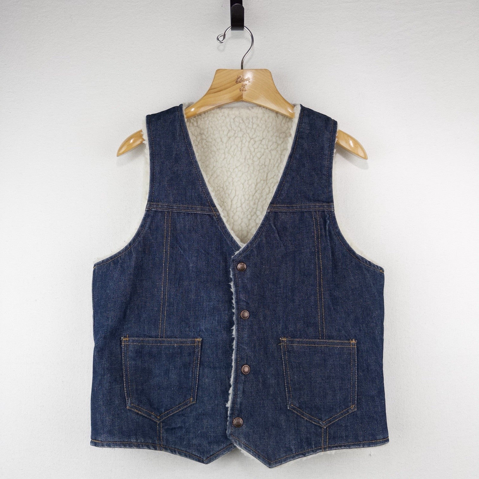 70’s Vtg Dark Wash Denim Sherpa Lined Vest Men’s Medium Western Snap Made USA