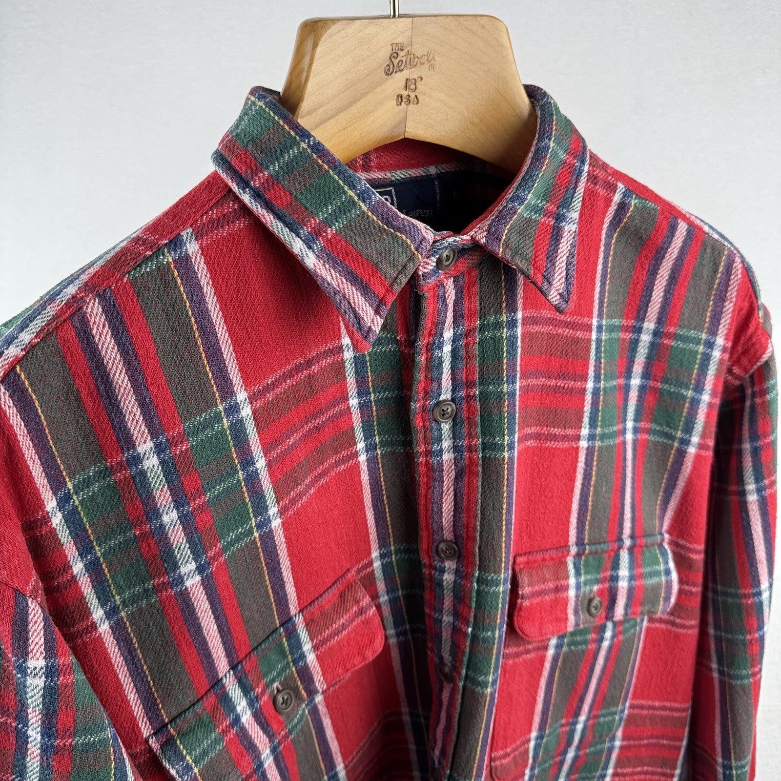 Vtg Polo Ralph Lauren Lowell Sport Red Green Button Up Heavy Flannel Shirt Large