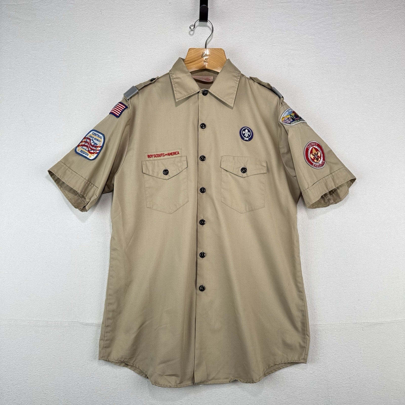 Vtg Boy Scouts of America Shirt Mens L Beige Short Sleeve Made USA Exec *Read