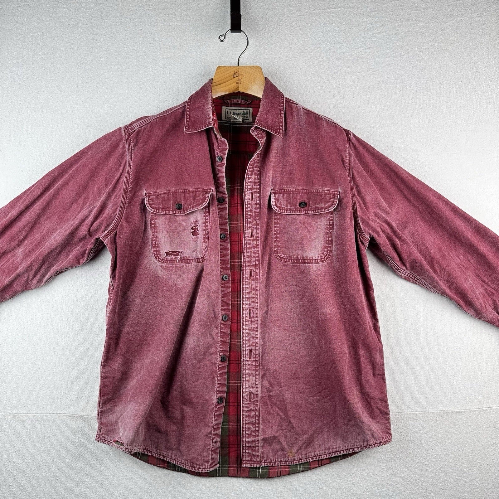 Vtg LL Bean Hurricane Shirt Mens Large Wine Red Plaid Flannel Lined Distressed