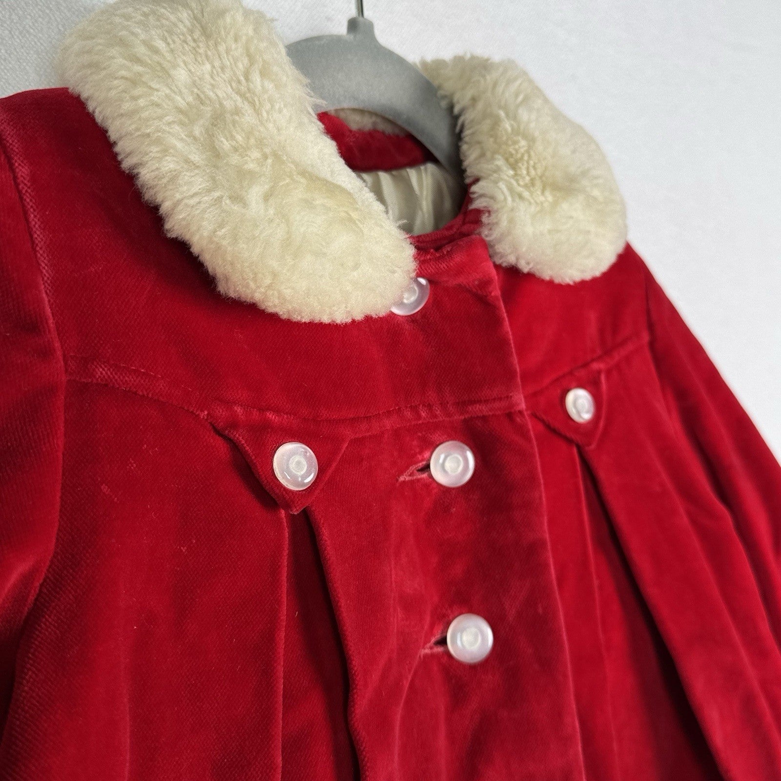 Vintage 60’s 70’s Red Velvet Swing Coat Fur Collar Made In Canada 3T Toddler