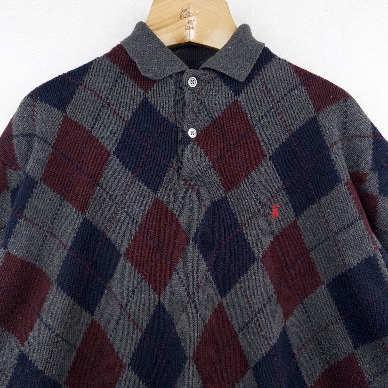 90’s Vtg Polo Ralph Lauren Mens L Argyle 100% Cotton  Collared Sweater Blue Gray