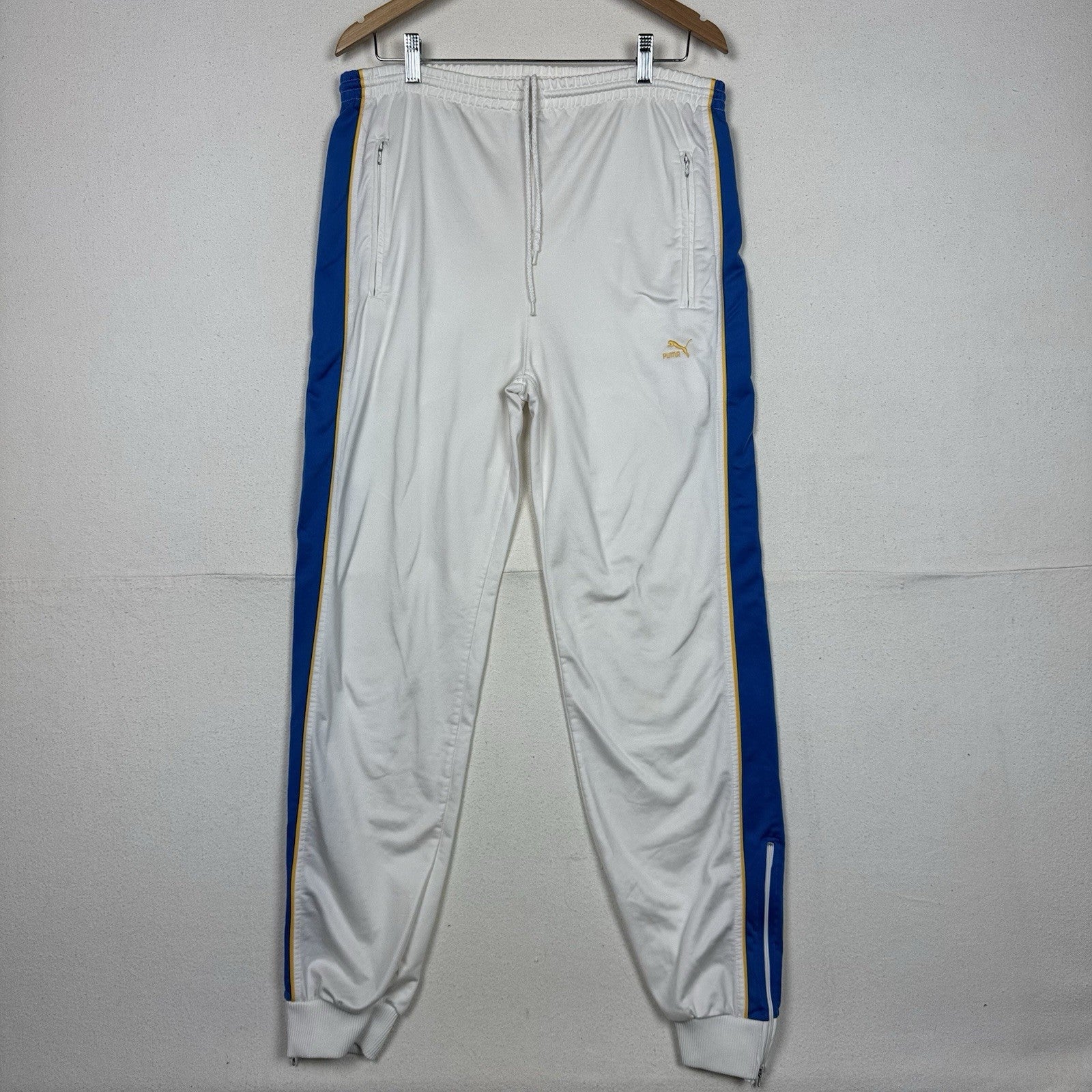 Vintage 80’s Puma Track Pants Embroidered Logo White Blue Yellow