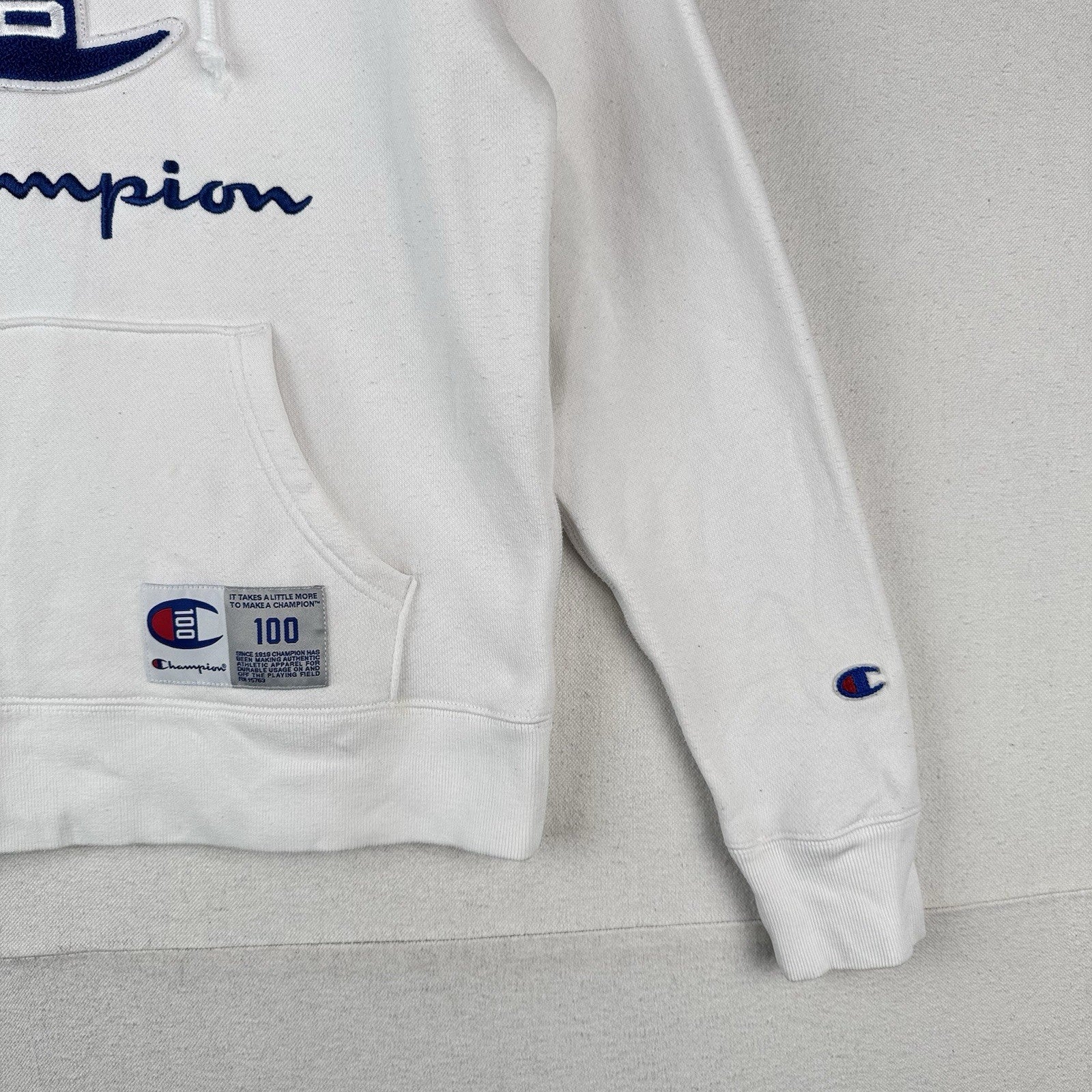 Champion White Century Collection C100 Chenille Logo Hoodie Men’s Small *Read