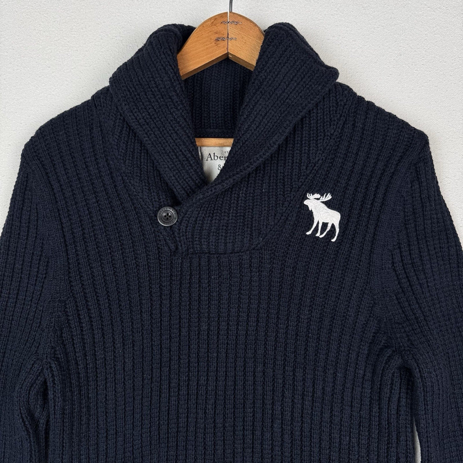 Abercrombie & Fitch Mens L Navy Shawl Collar Wool Blend Knit Sweater Pullover