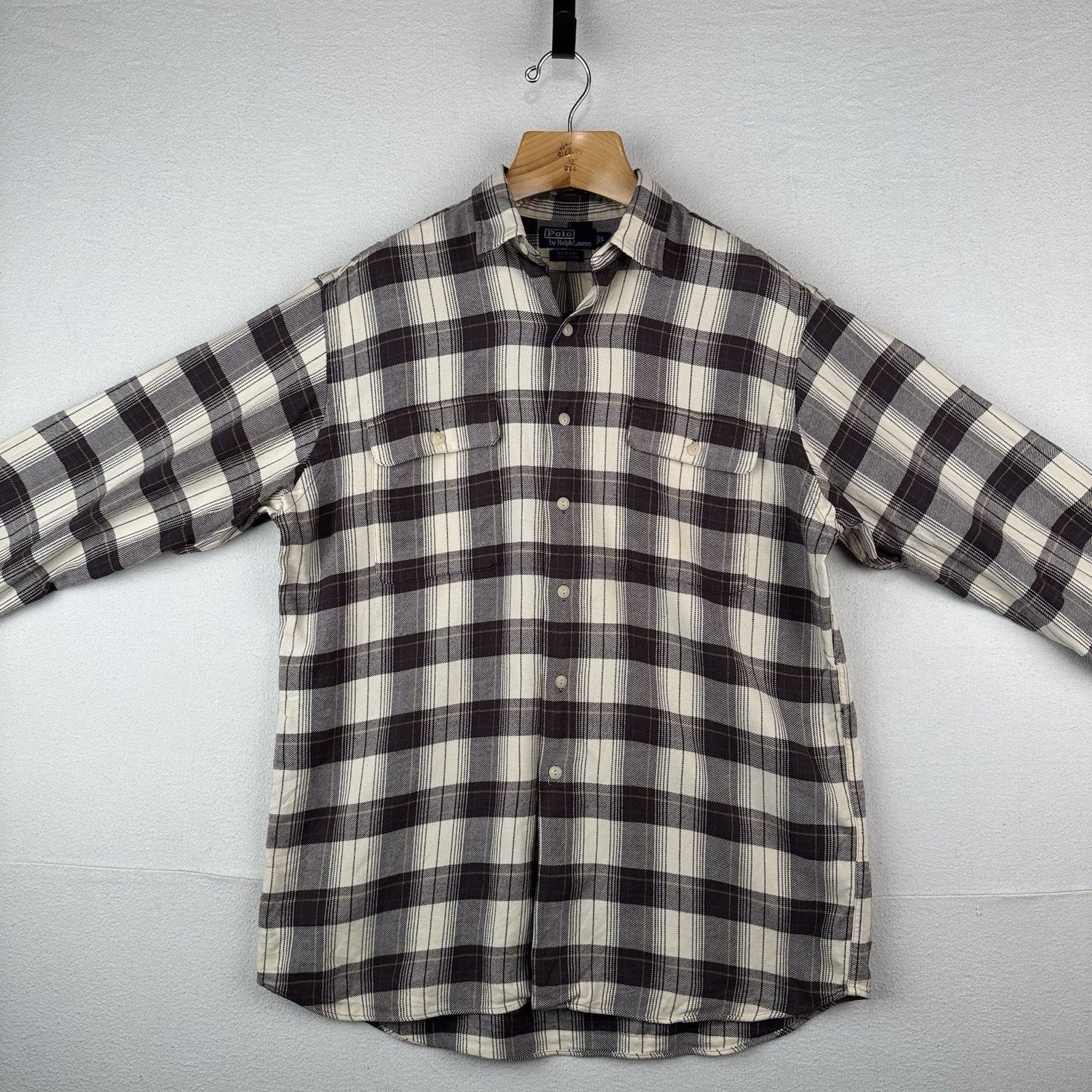 Vintage Ralph Lauren Shirt Mens L Brown Plaid Benford Flannel Cotton *Read