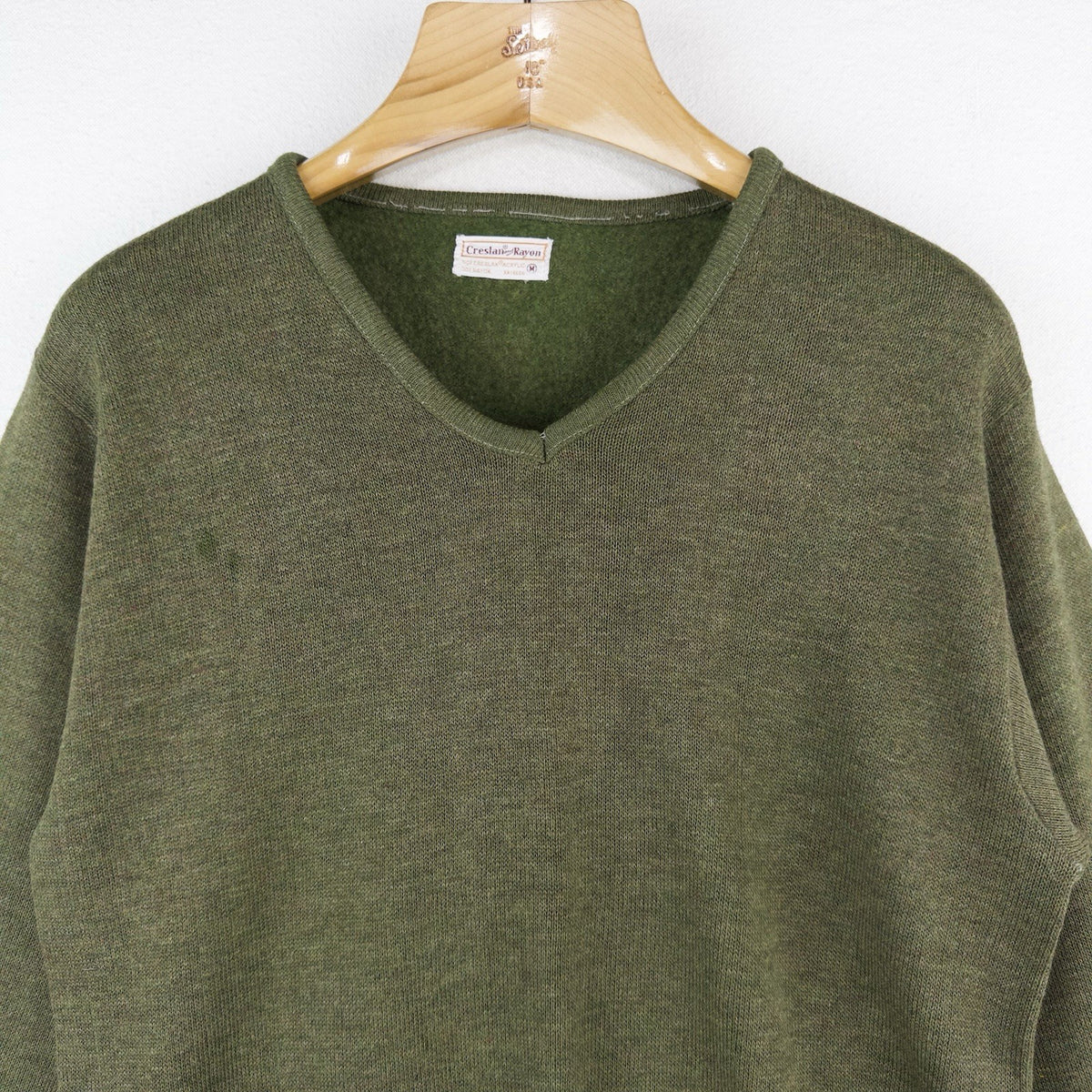 60’s Vtg Creslan & Rayon V-Neck Sweater Men’s M Grunge Kurt Cobain Olive