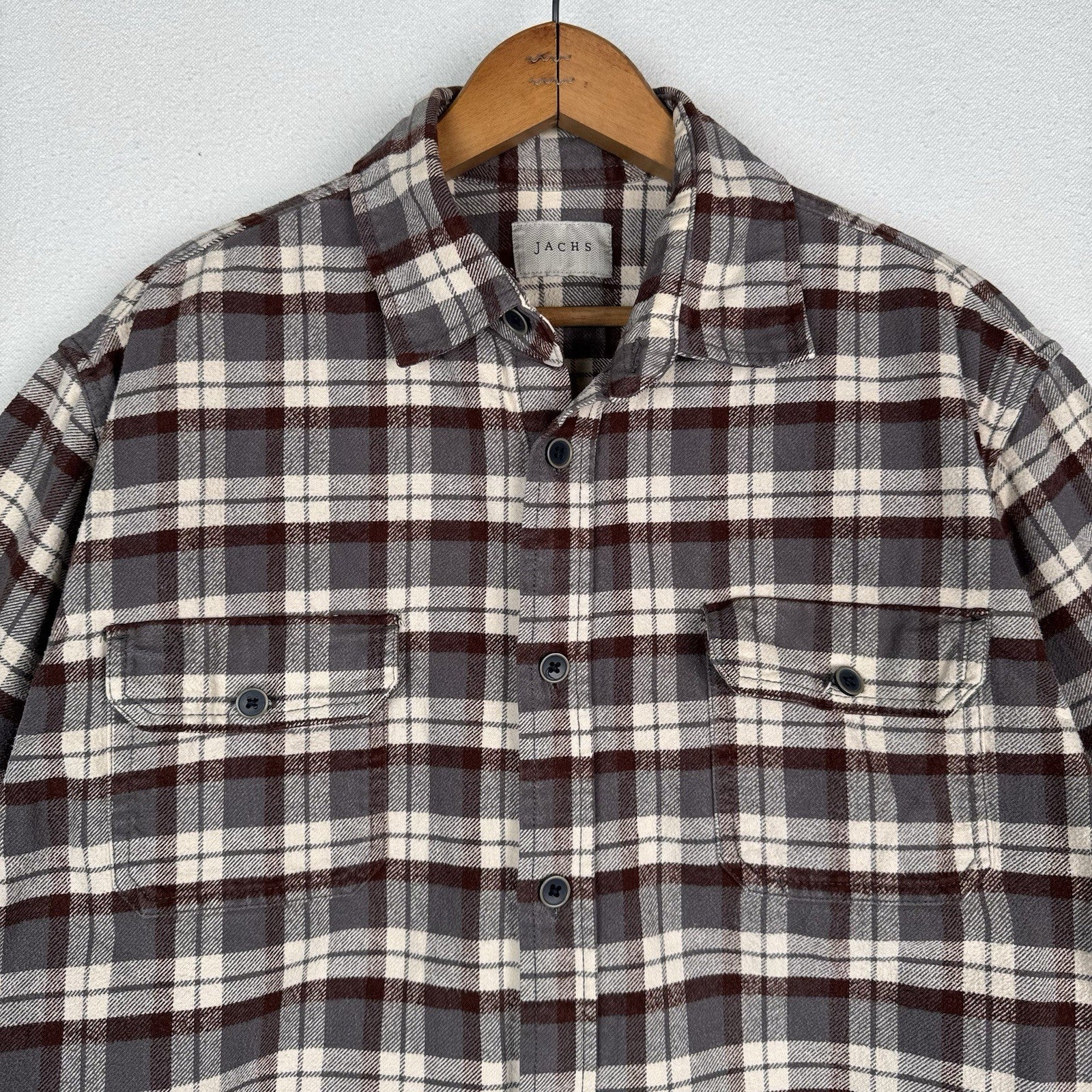 Jachs Men’s Large XL Cream Brown Gray Heritage Thick Material Flannel Button Up