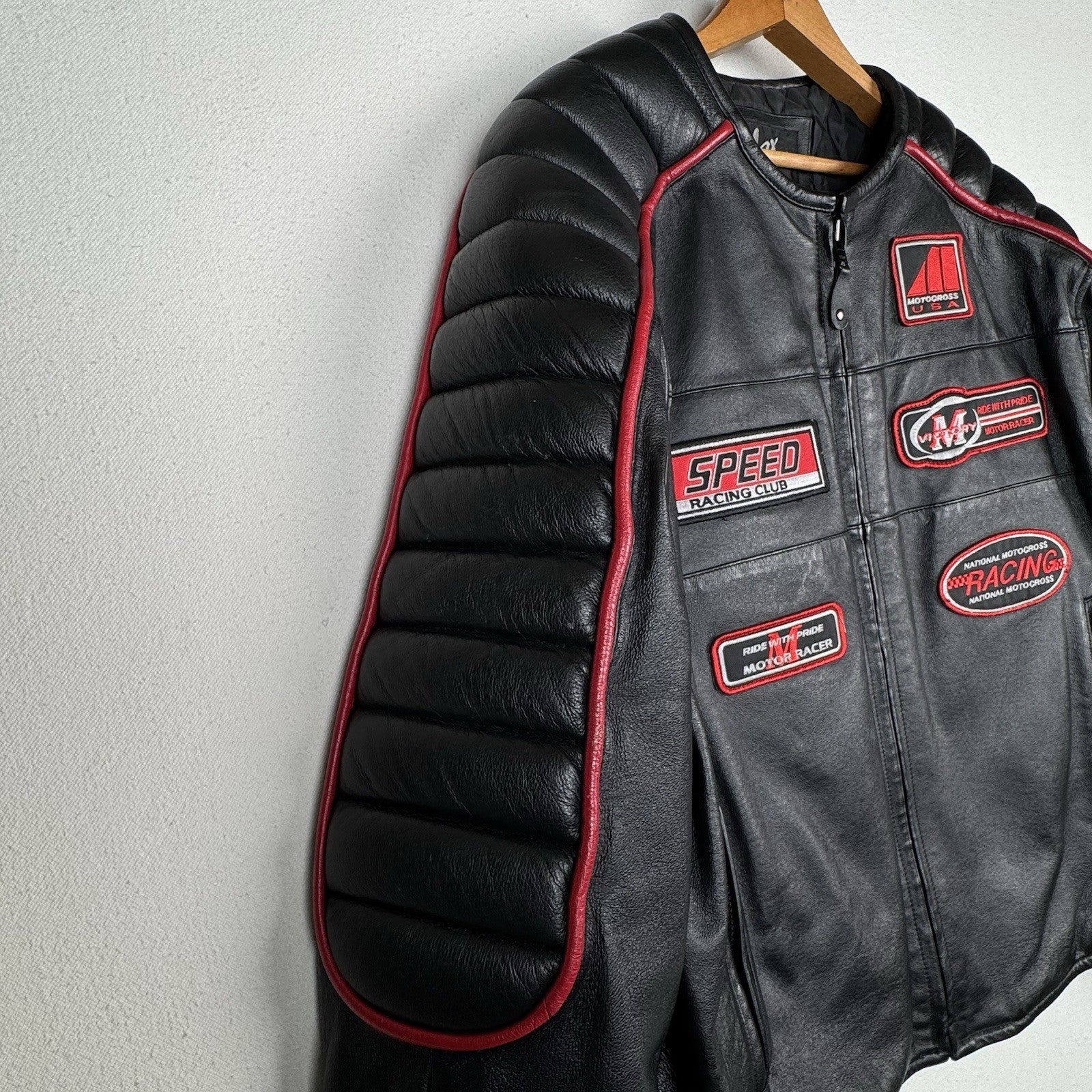 Max USA Men's Motor-cross Black Italian Leather Jacket XL X-Large Patches
