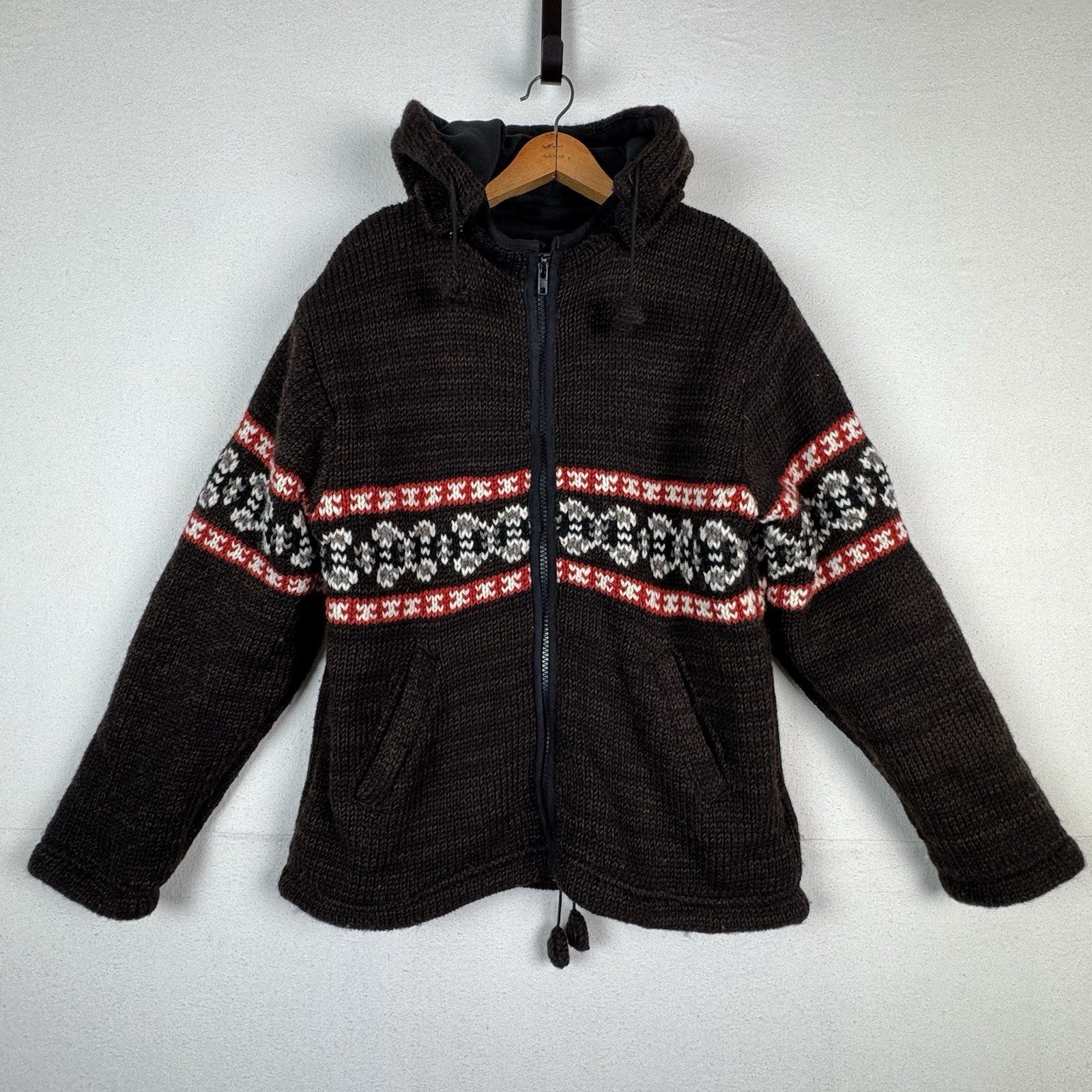 Nepal 100% Wool Jacket Detachable Hood Brown Red Full Zip Flannel Lined Sz L USA