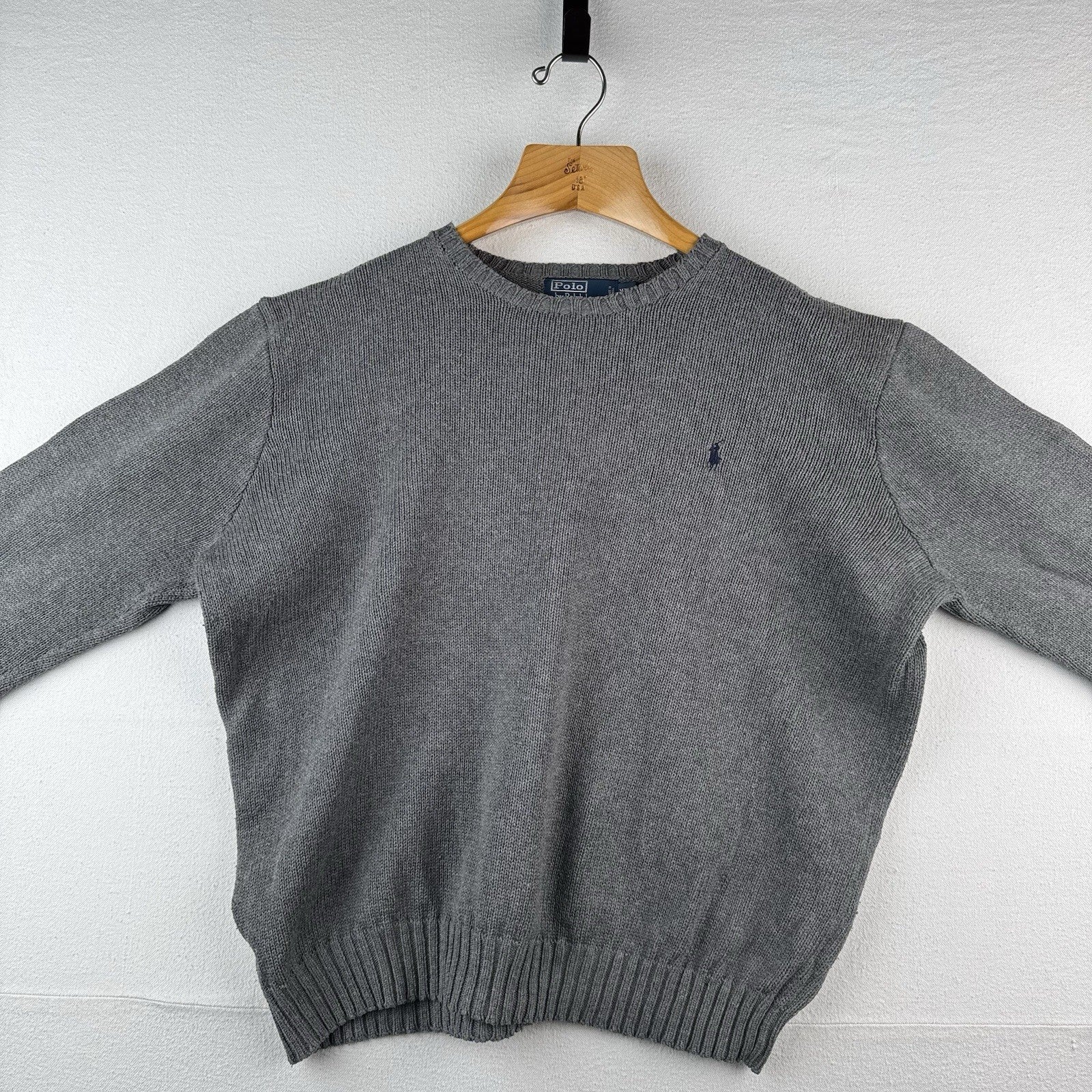 90's Vtg Polo Ralph Lauren Cotton Gray Knit Crewneck Sweater Men's 2XL Blue Pony