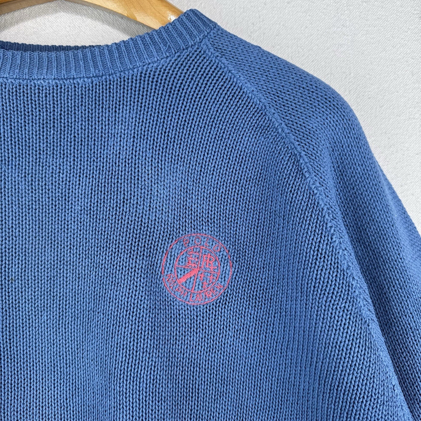 90s Vtg Polo Ralph Lauren Men’s L Cookie Sweater Patch Embroidered Raglan Blue