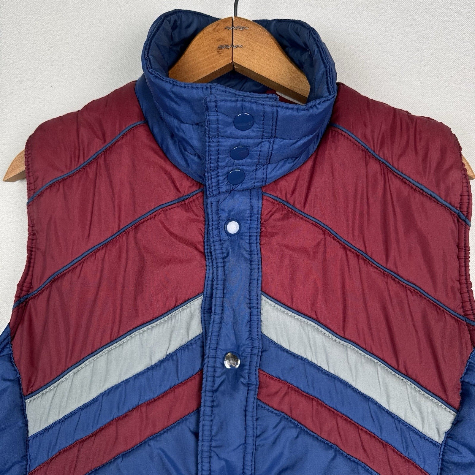 Vtg 70-80s Alpine Ski Puffer Vest Mens M Gray Blue Red Color Block Snap Front