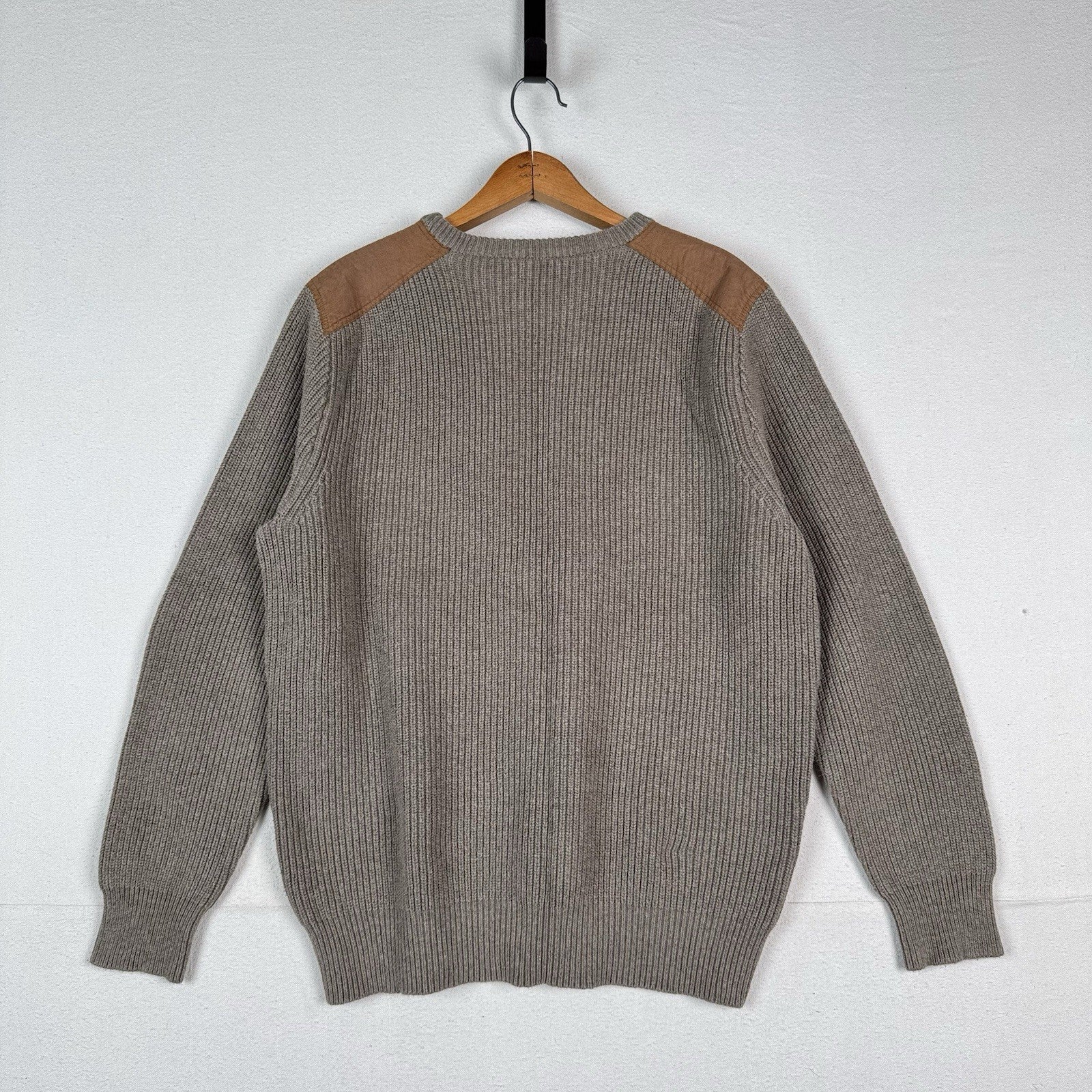 J. Crew Woodsman Men's XL Knit Sweater Shoulder Patches Cotton Crewneck Brown