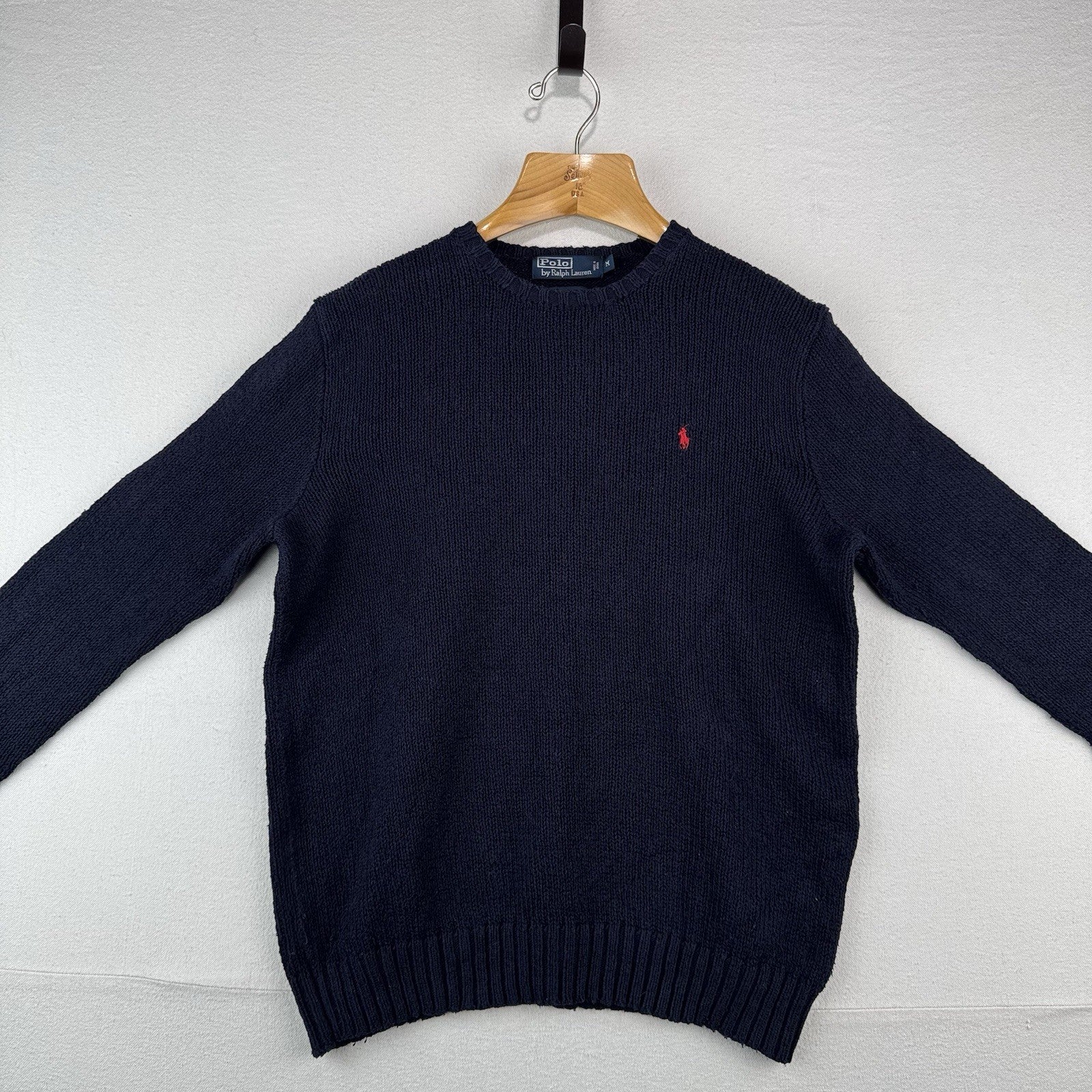 90s Vtg Polo Ralph Lauren Sweater Men's M Navy 100% Cotton Crewneck Red Pony