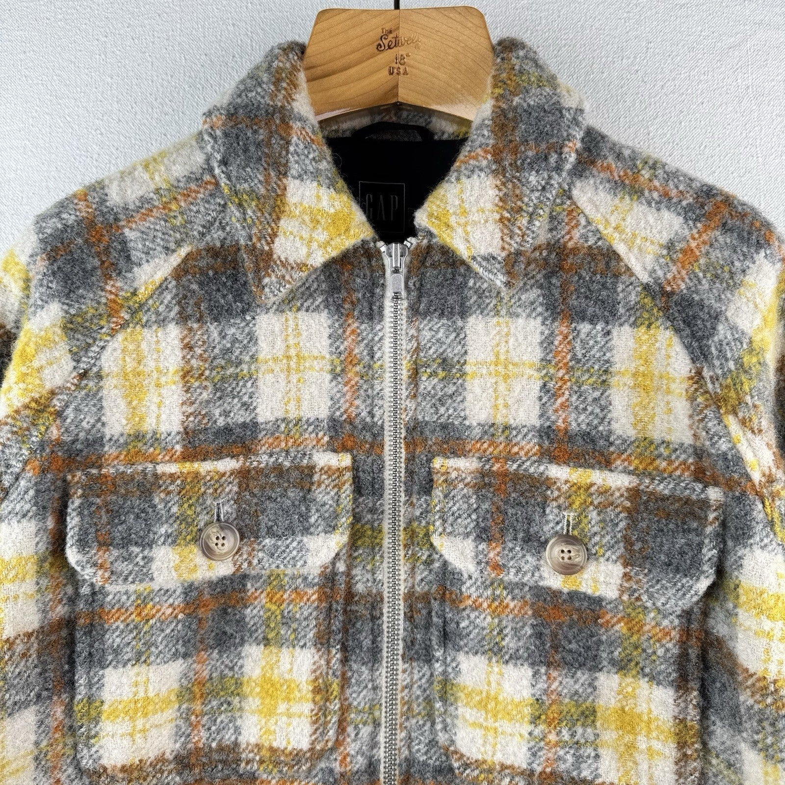 GAP Wool Trucker Jacket Women’s M Yellow Plaid Full Zip Boxy Chore Shirt