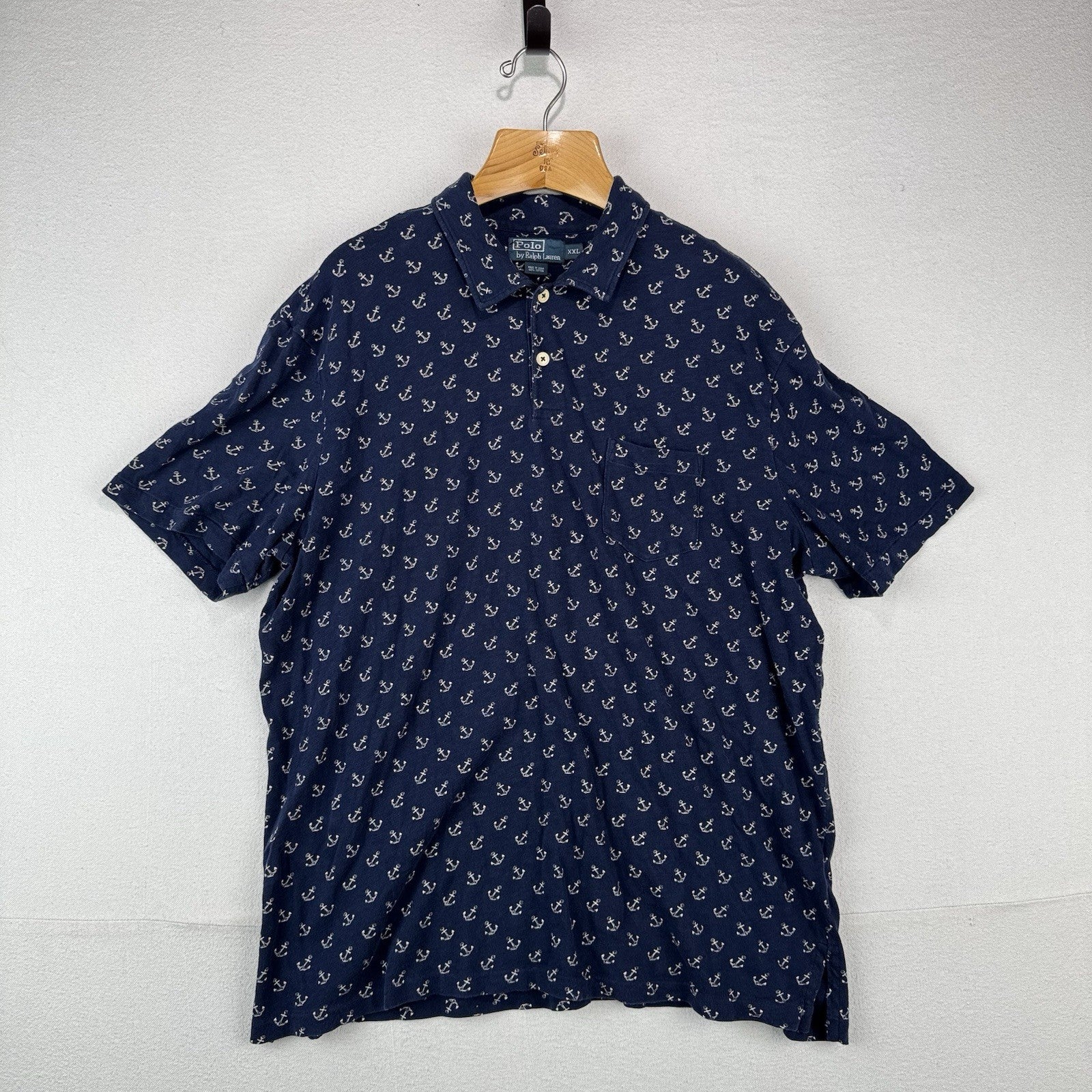 90’s Vtg Polo Ralph Lauren Men's 2XL Blue Anchor Nautical Short Sleeve Shirt