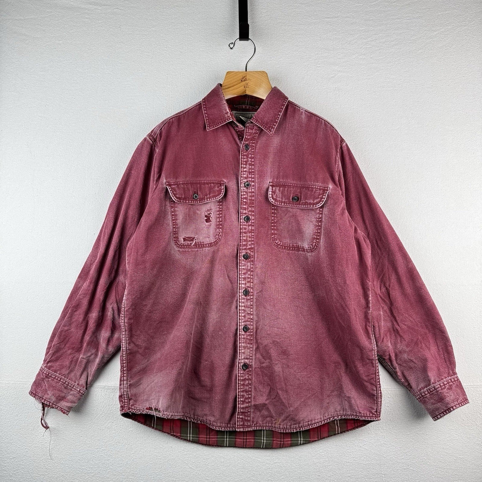 Vtg LL Bean Hurricane Shirt Mens Large Wine Red Plaid Flannel Lined Distressed