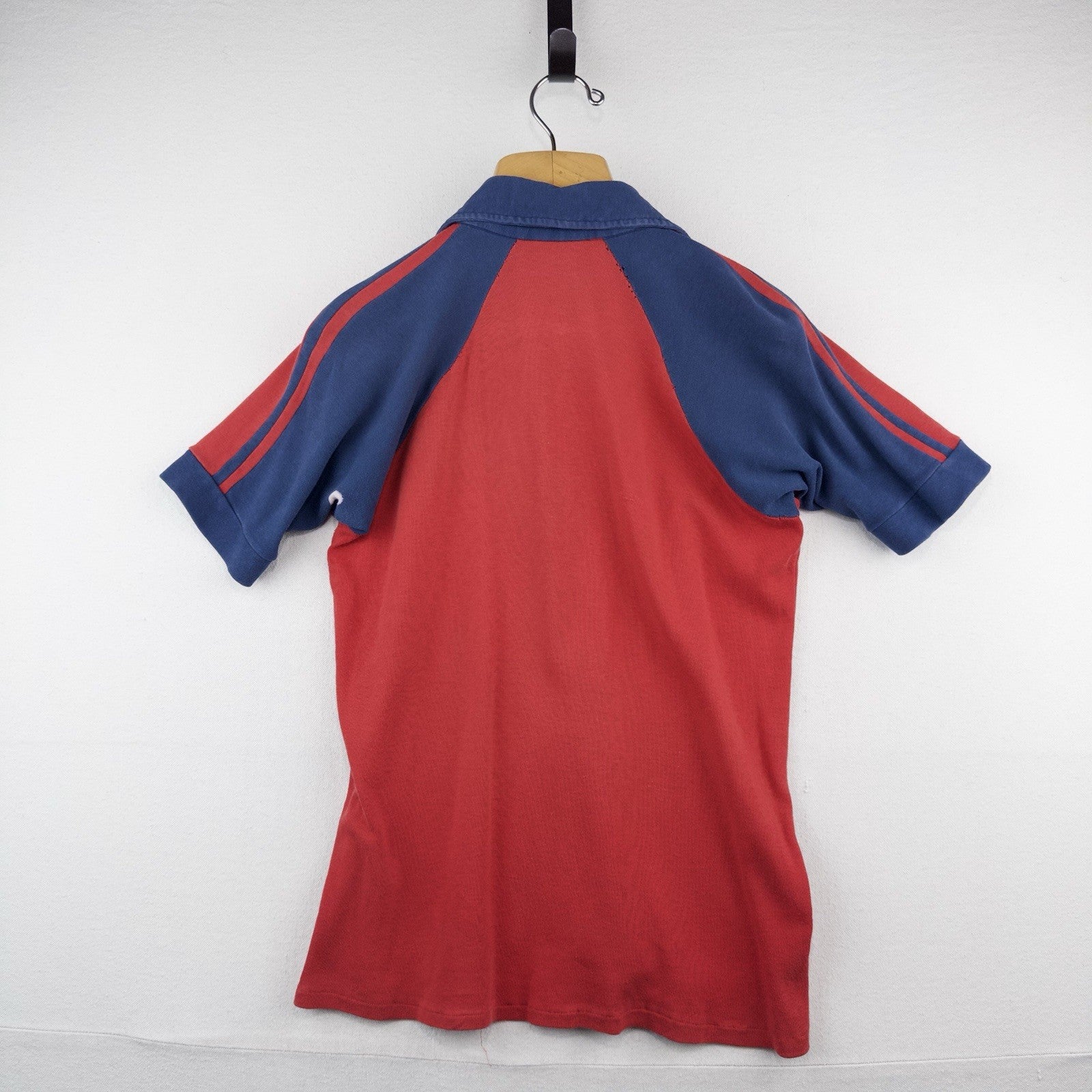 70's Vtg Raglan Polo Shirt Red Blue Color Block Johnny Collar V-Neck *Distressed