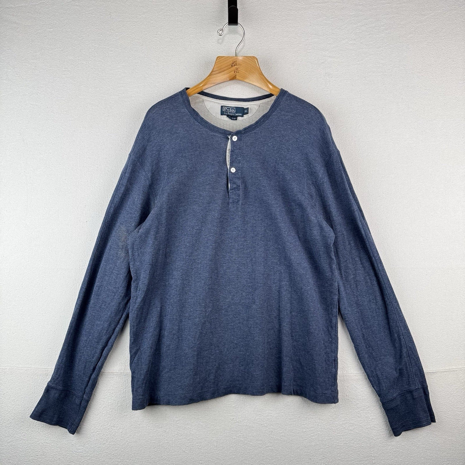 Vtg Polo Ralph Lauren Shirt Mens XL Blue Long Sleeve Henley 100% Cotton *Read