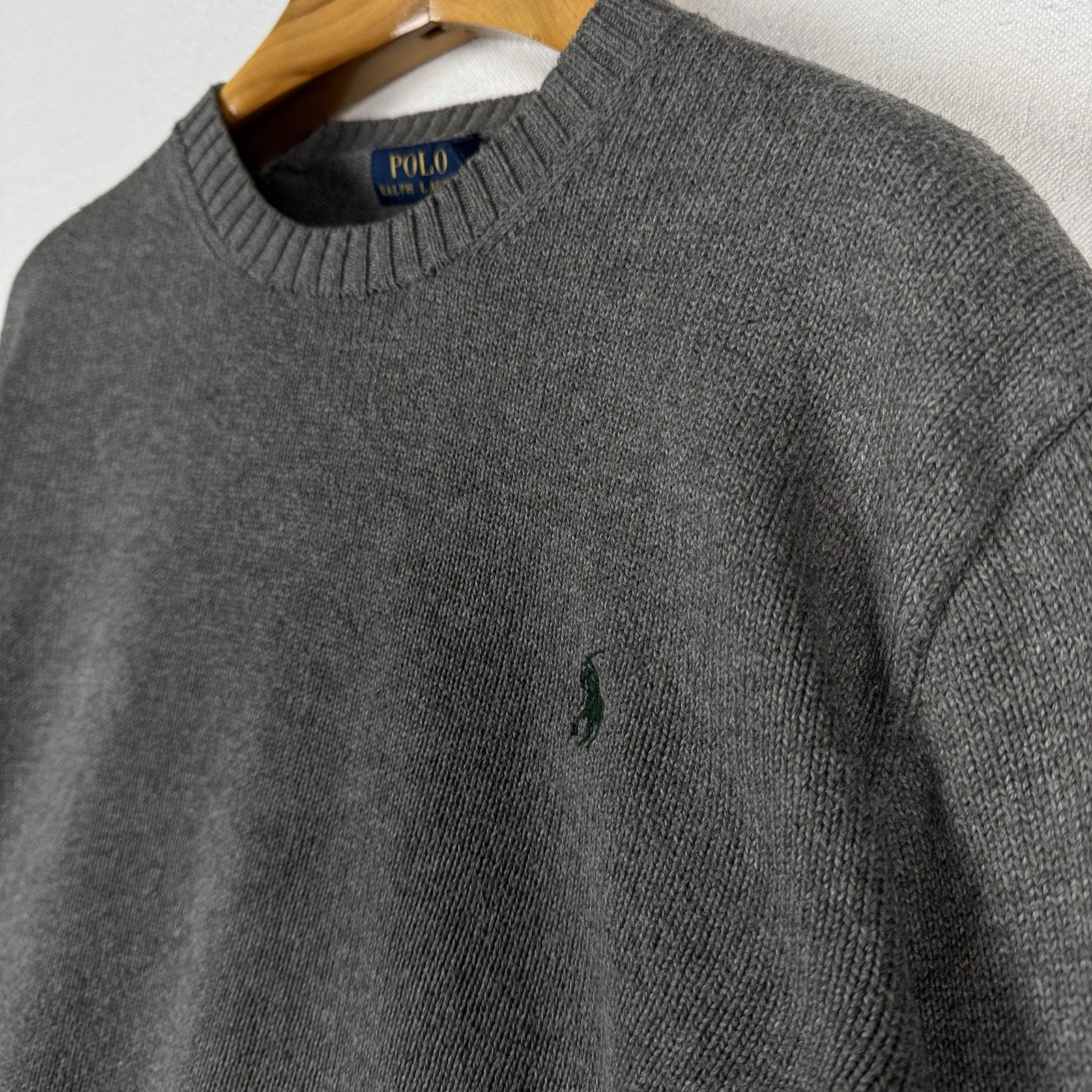 Polo Ralph Lauren Men’s XL Cotton Gray Knit Crewneck Sweater Green Pony