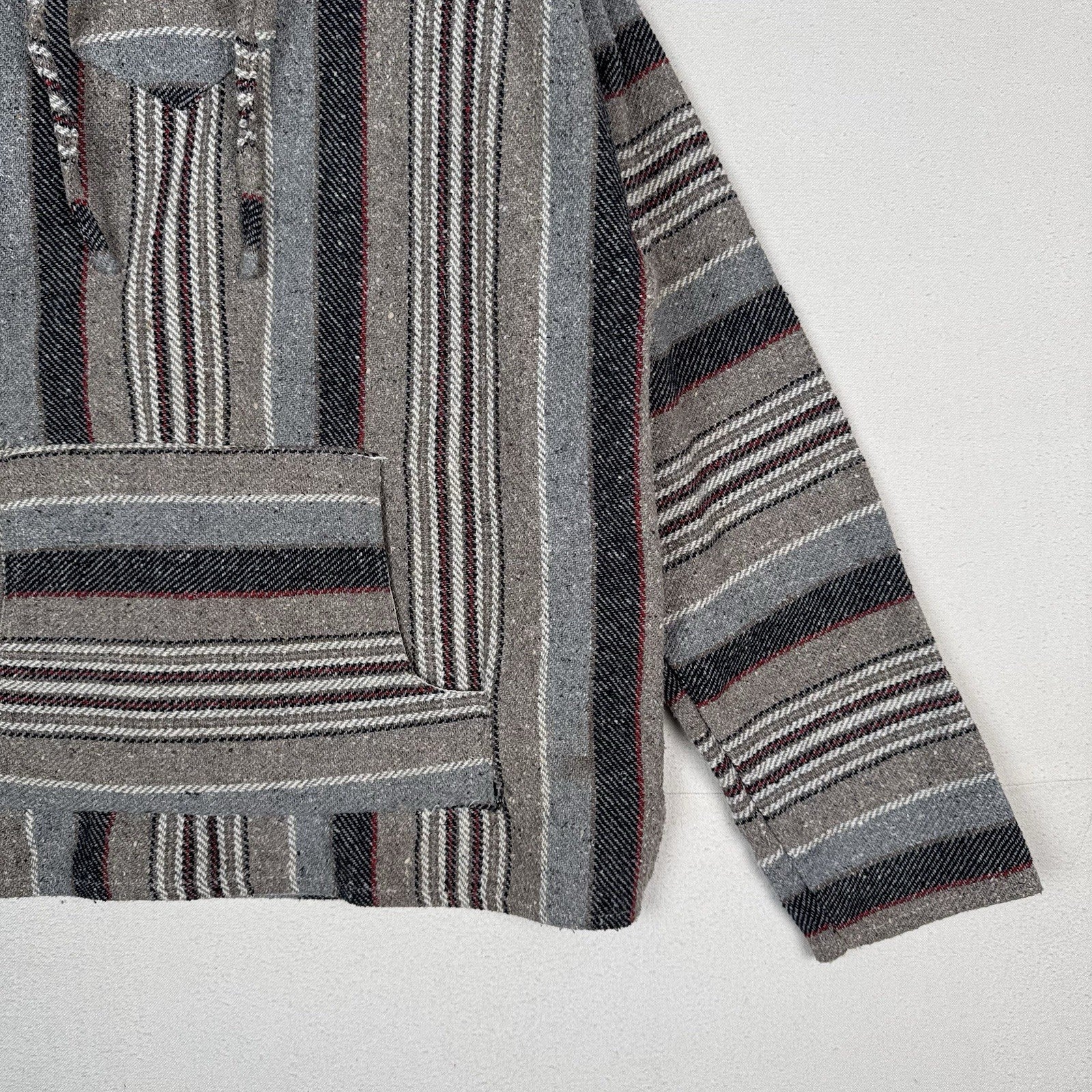 Vintage Baja Mexican Woven Blanket Hoodie Pullover Jacket Blue Gray Red XL Boho