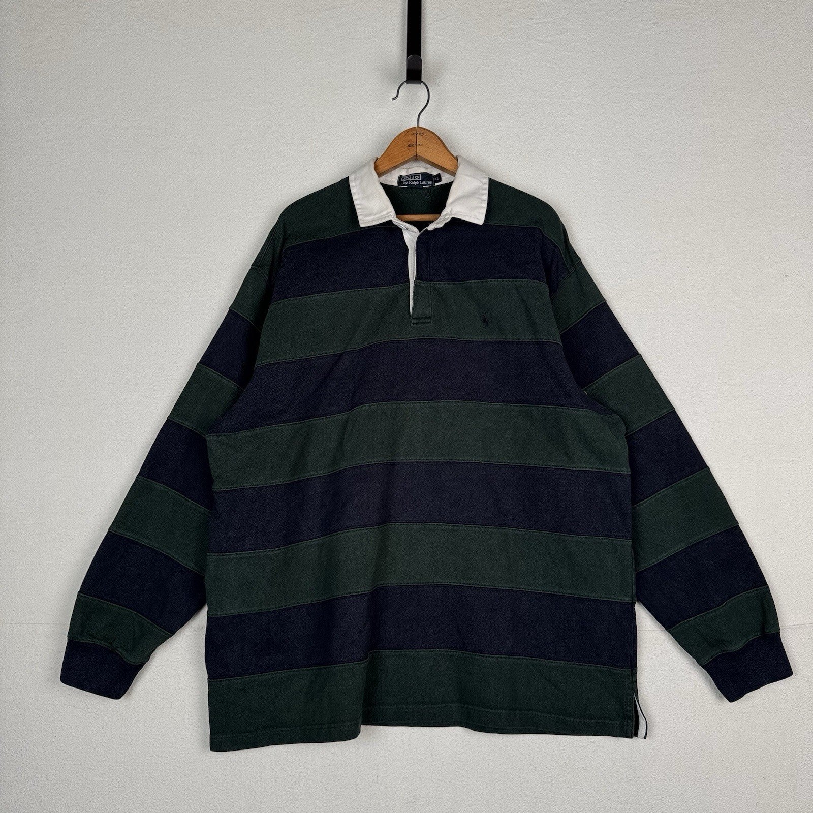 Vintage 90’s Polo Ralph Lauren Men's XL Stripe Banded Green Blue Rugby Shirt