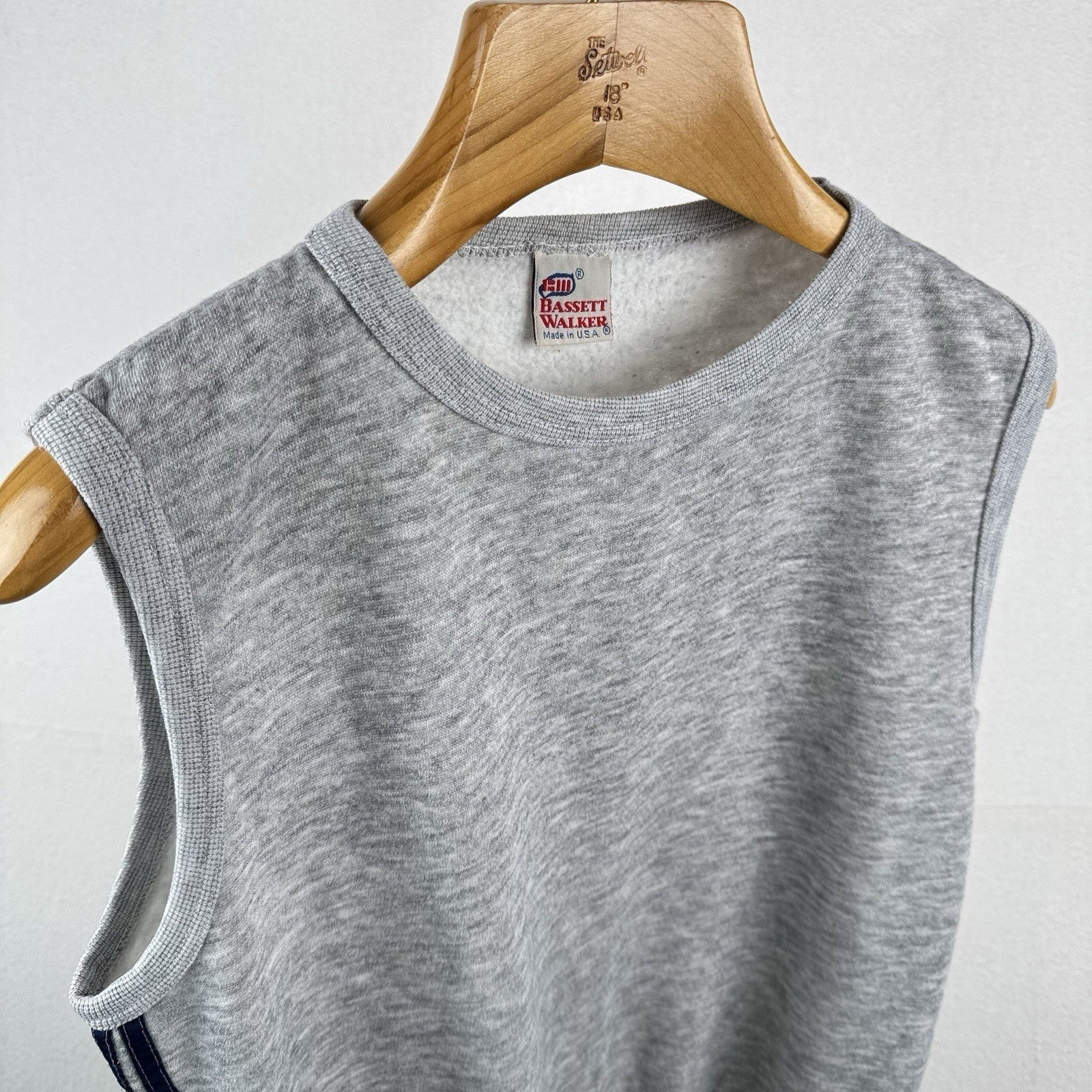 70's Vintage Bassett Walker Large Crewneck Sweatshirt Vest Gray Blue Stripes
