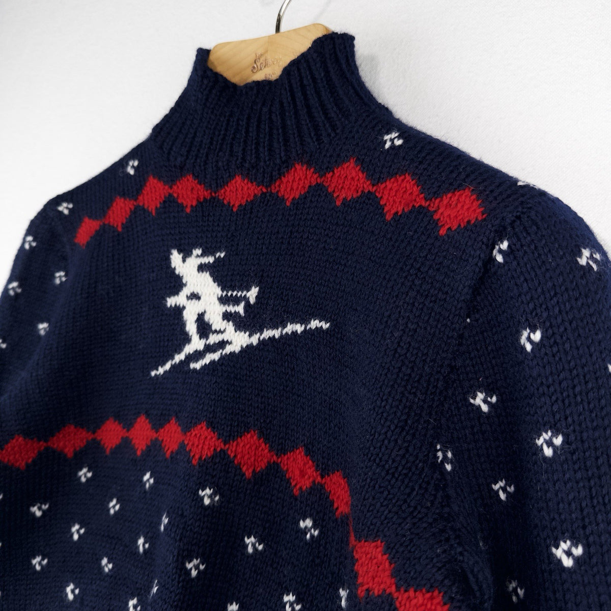 50’s Vtg Hand Knit Apres Ski Sweater Skier Blue Red Birds Eye Women’s S