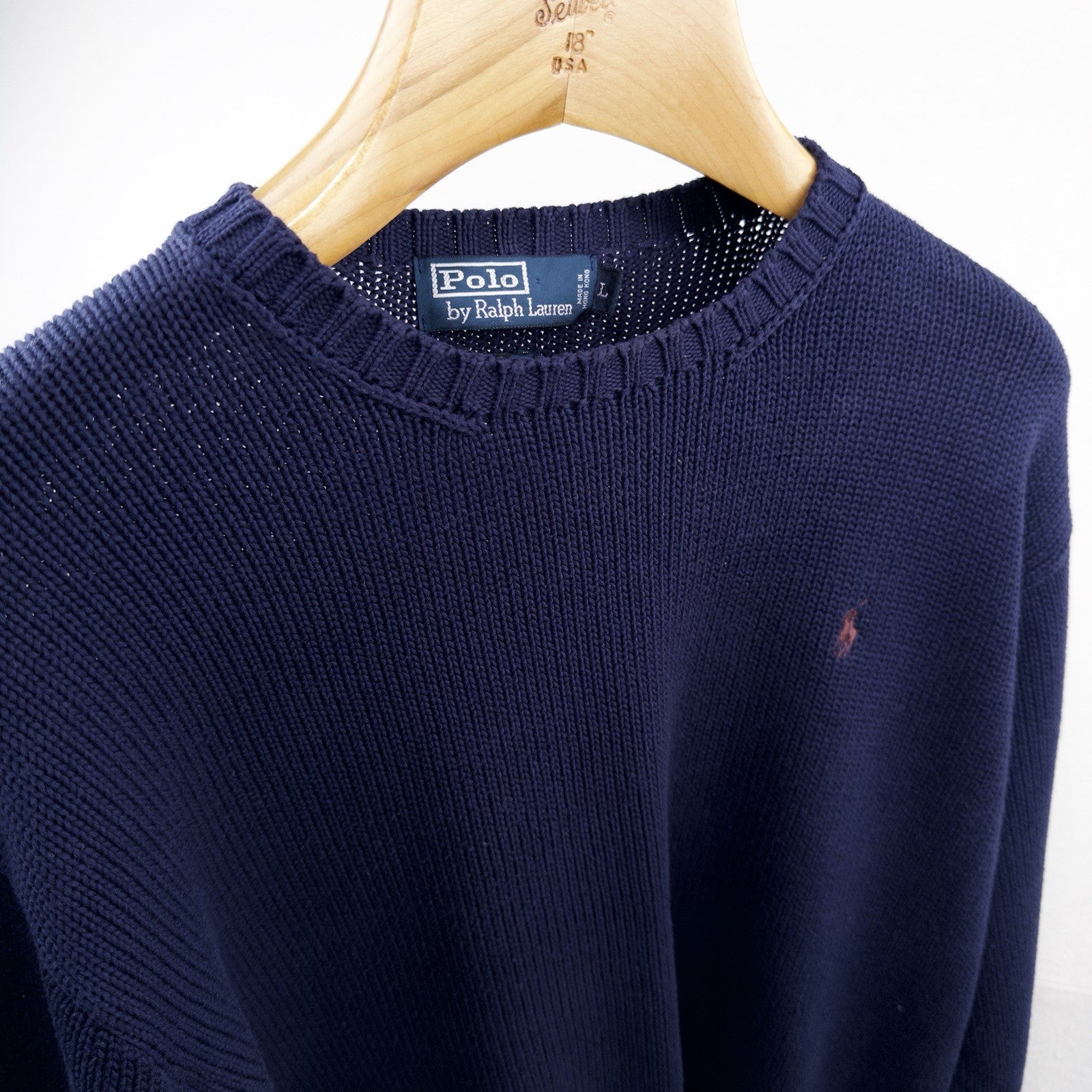90's Vintage Polo Ralph Lauren Sweater Men's L Navy Blue Knit Crewneck Red Pony