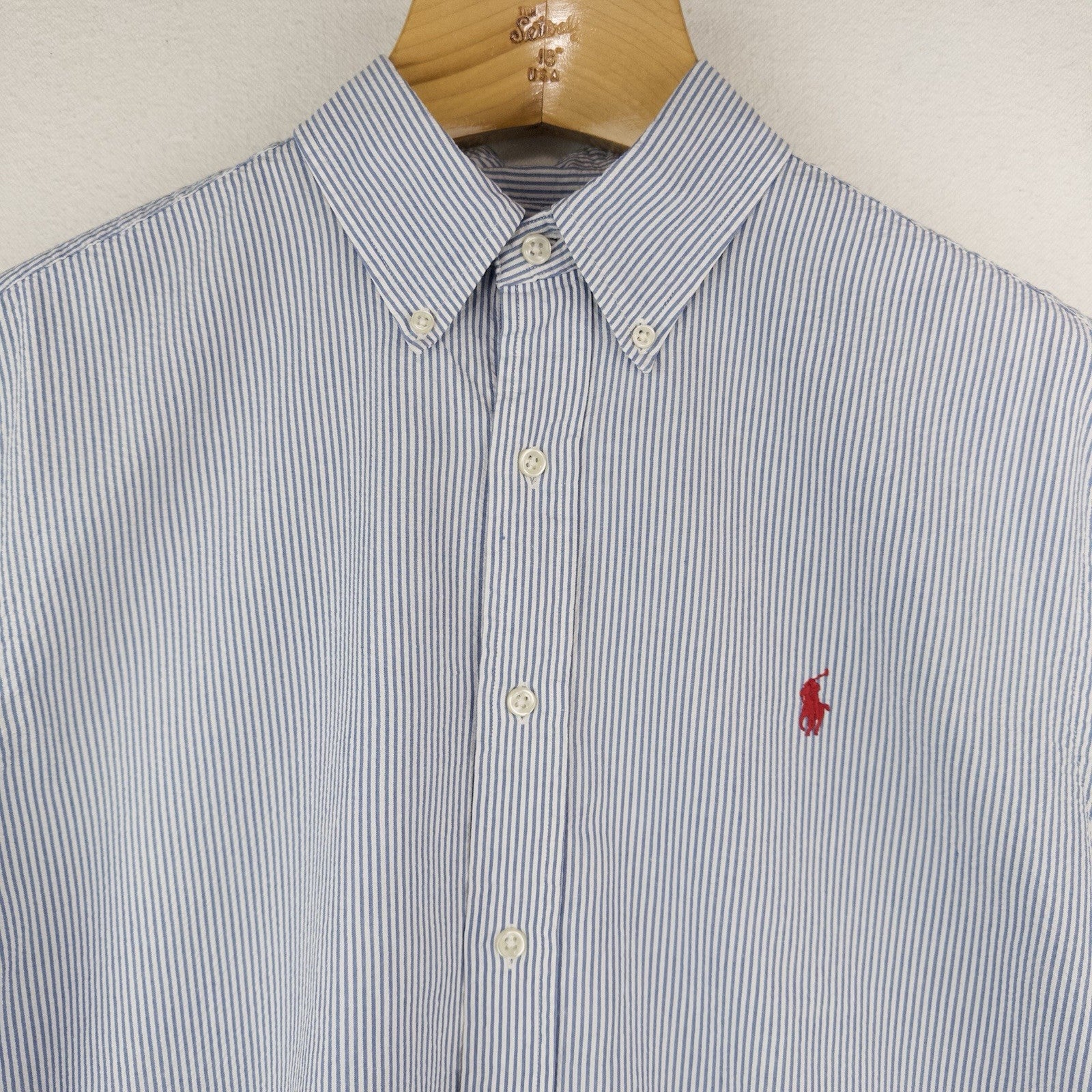 90’s Ralph Lauren Seersucker Short Sleeve Shirt Men's L Blue White Classic Fit