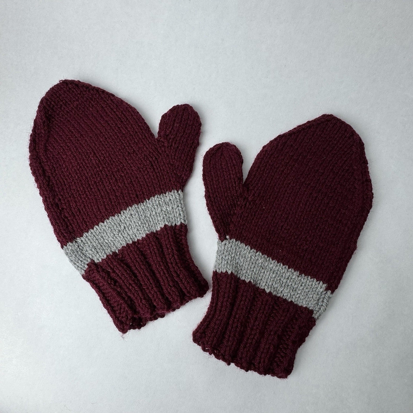 Hand Knit Mittens Burgundy Wine Red Gray Stripe Adult 10”x5”