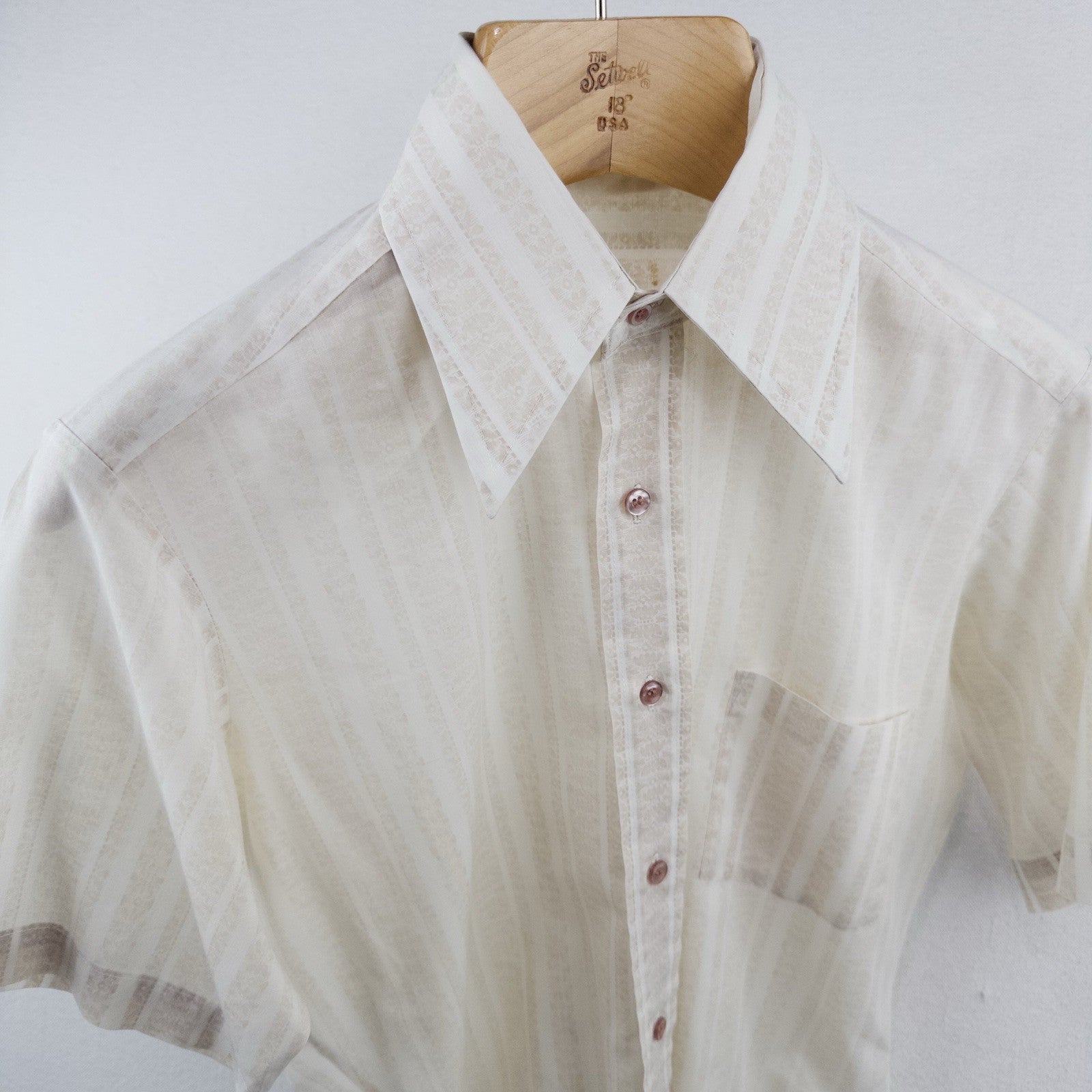 70s Vtg Short Sleeve Button Shirt White Beige Striped Dagger Collar Paper Thin S