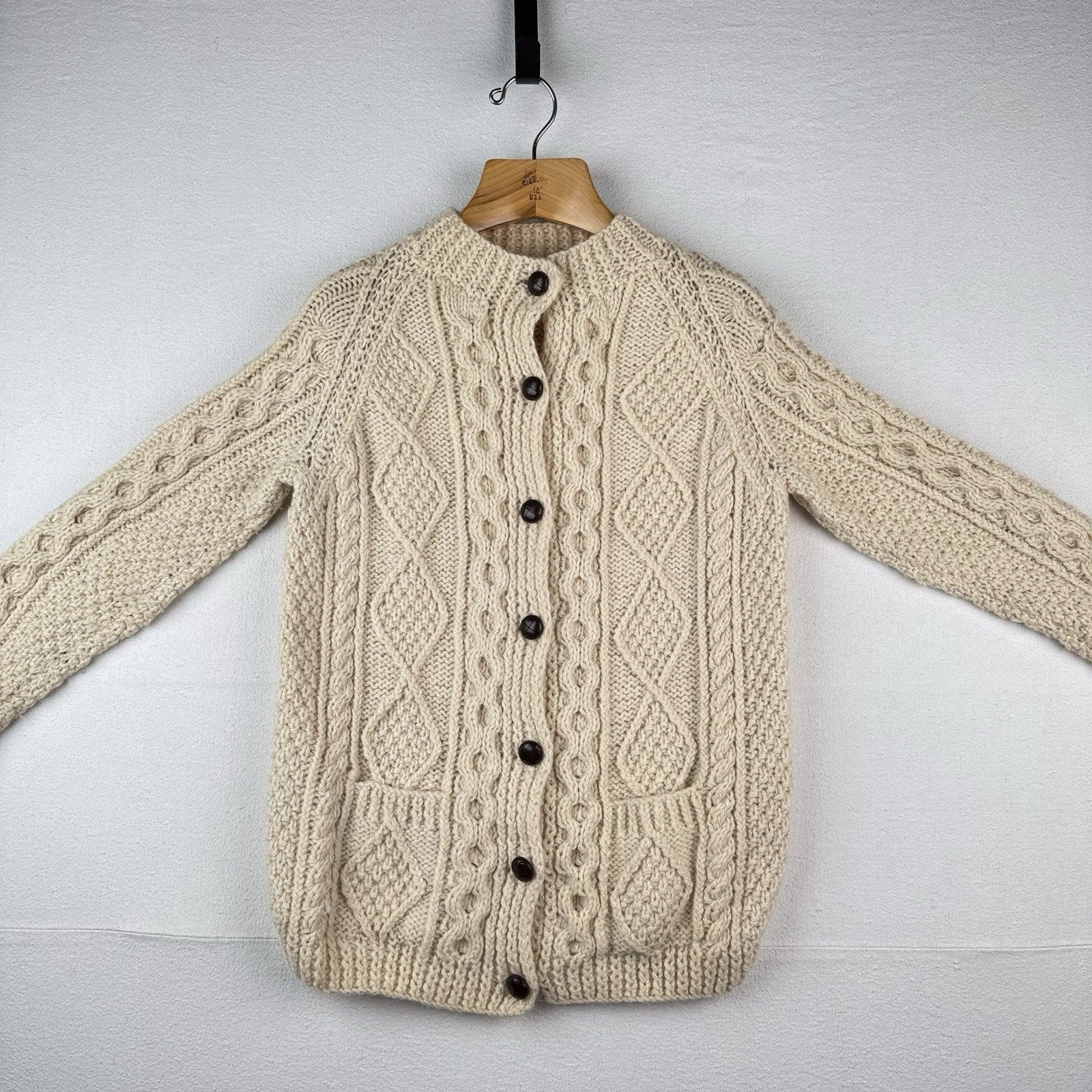 80’s Vtg Blarney Woollen Mills Aran Handknit New Wool Cardigan Sweater Ireland S