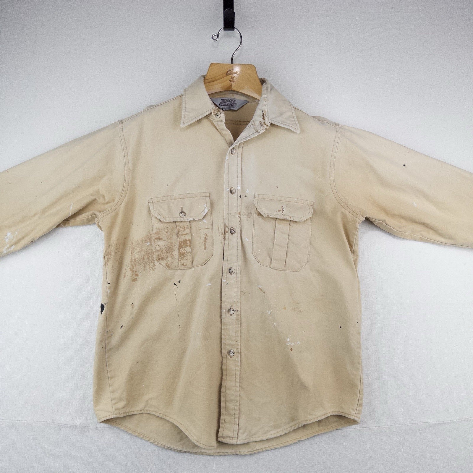 70’s Vtg Sportsman's Guide Shirt Mens L Heavy Cotton Tan Long Sleeve *Distressed