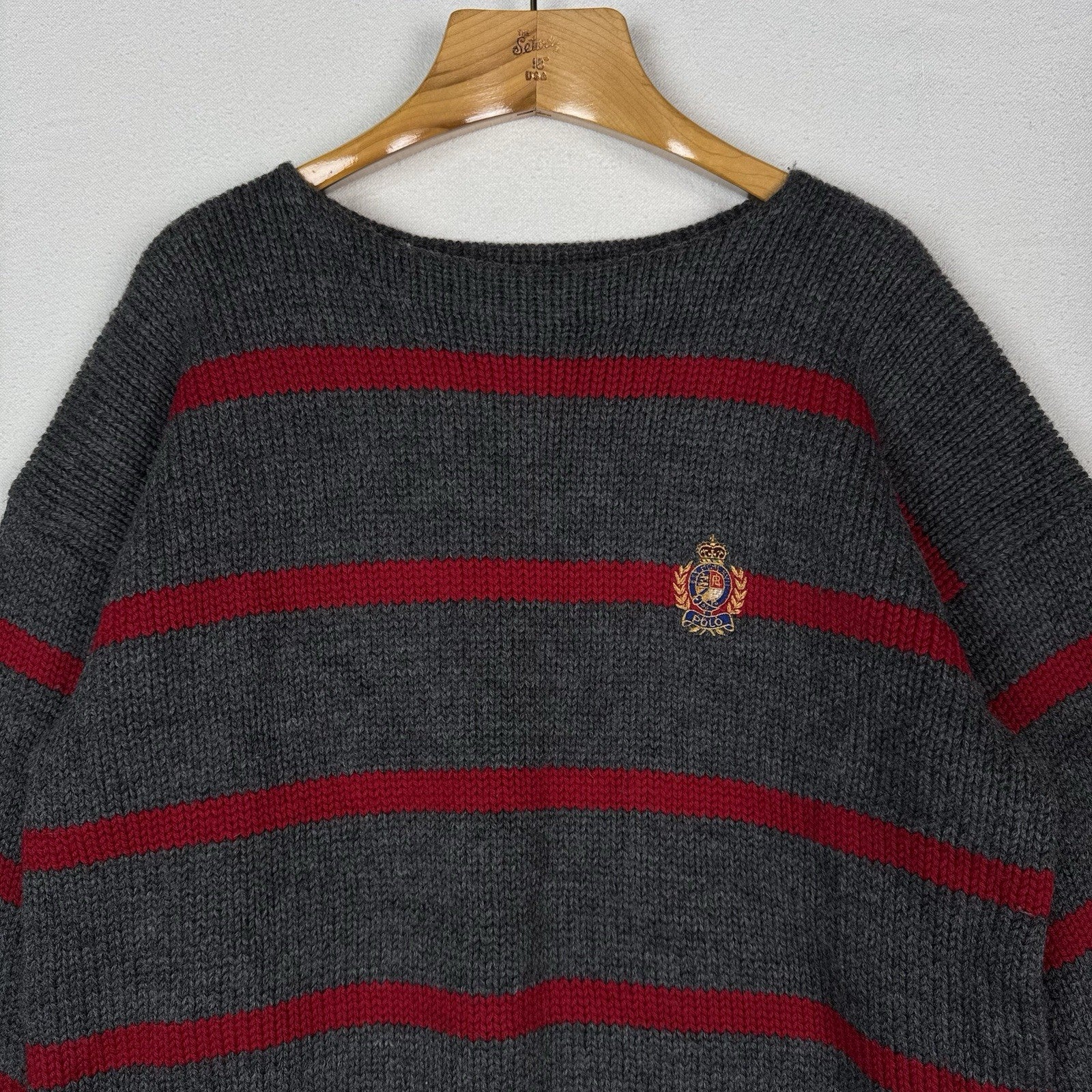 90’s Vtg Polo Ralph Lauren Striped Boat Neck Wool Knit Sweater Gray Red Crest XL