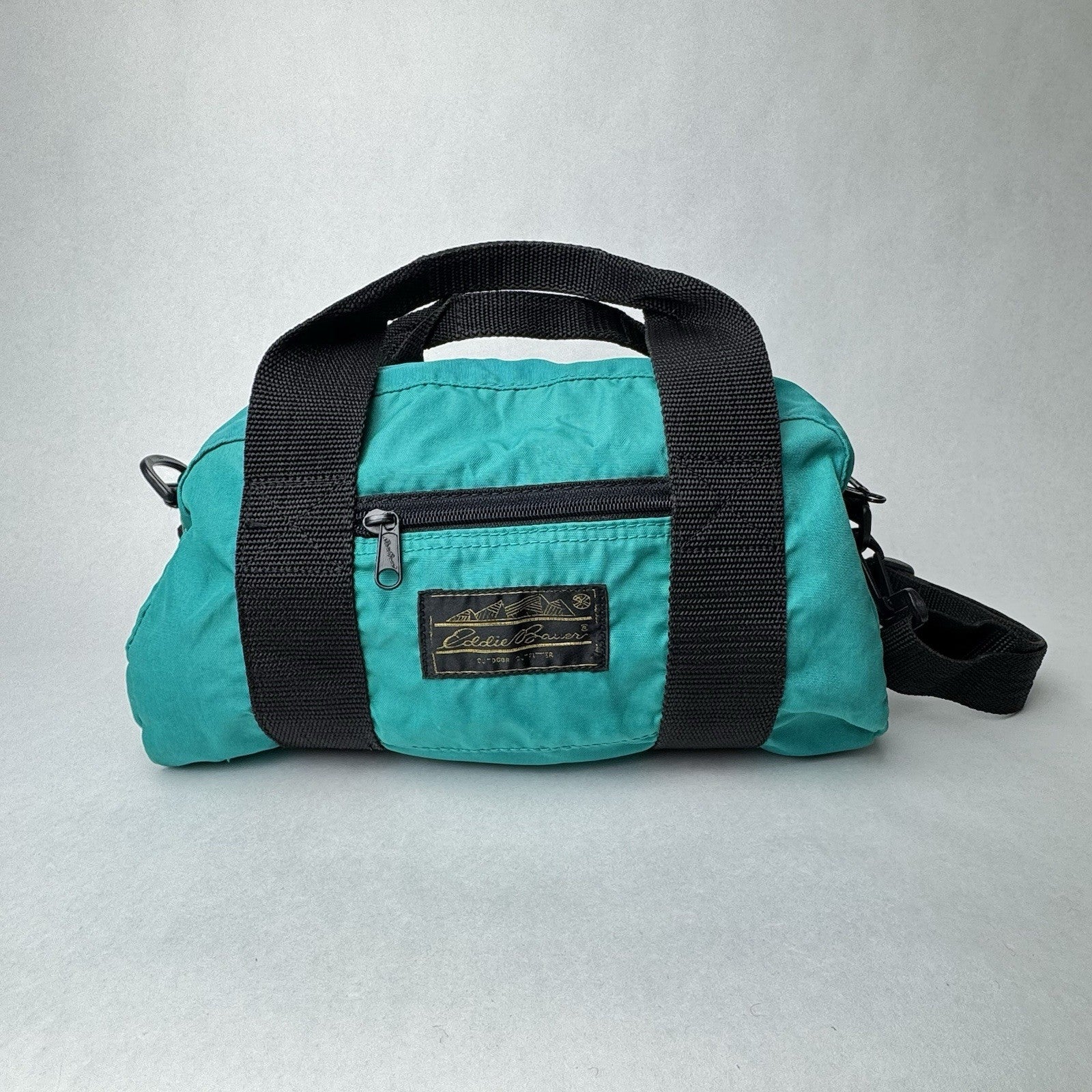 Vintage Eddie Bauer Small Canvas Duffle Bag Hand Tote Green w/Strap 14”x7”x8”