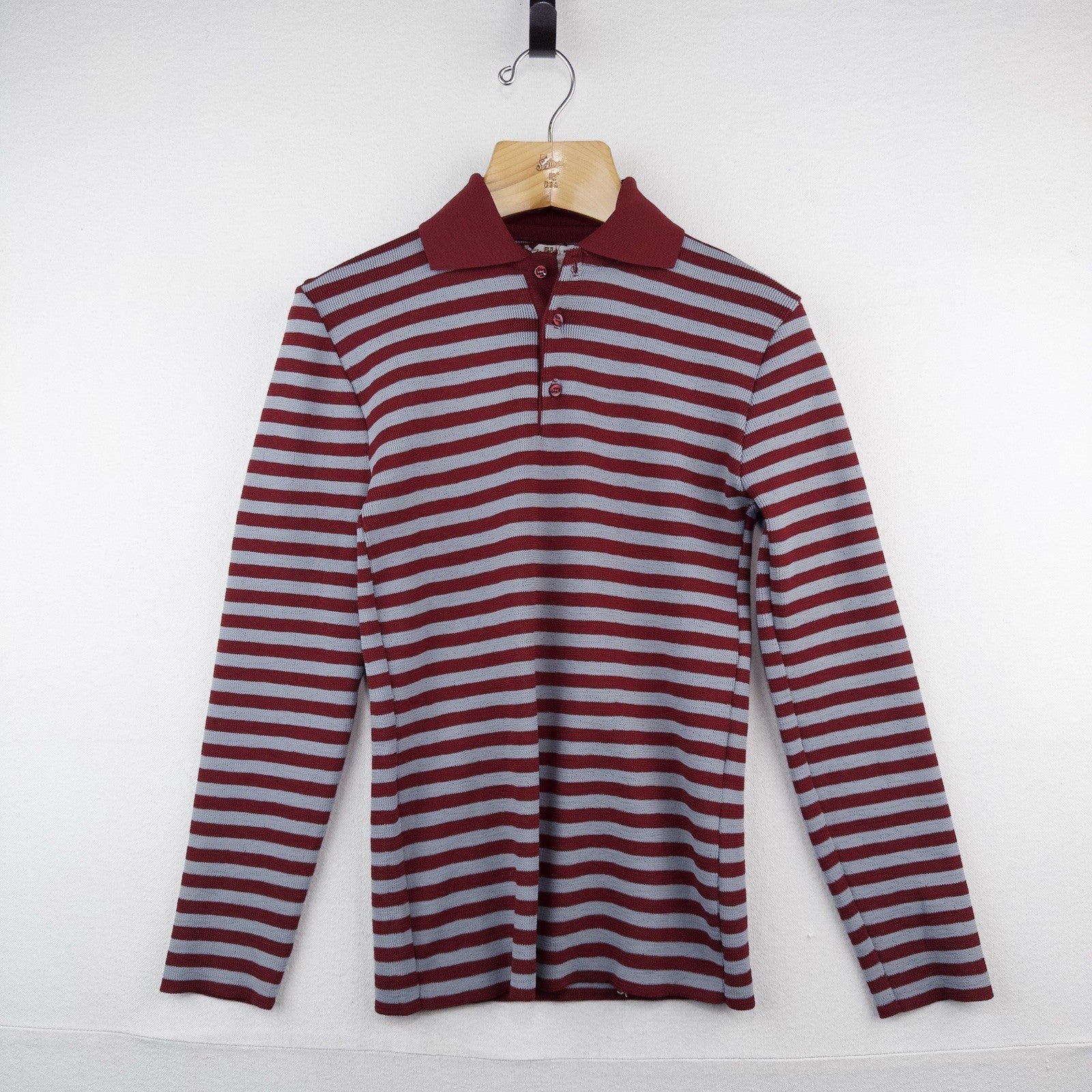 60's Vtg Mac Taggart 3 Button Polo Shirt  Gray Red Stripes Long Sleeve Men’s M