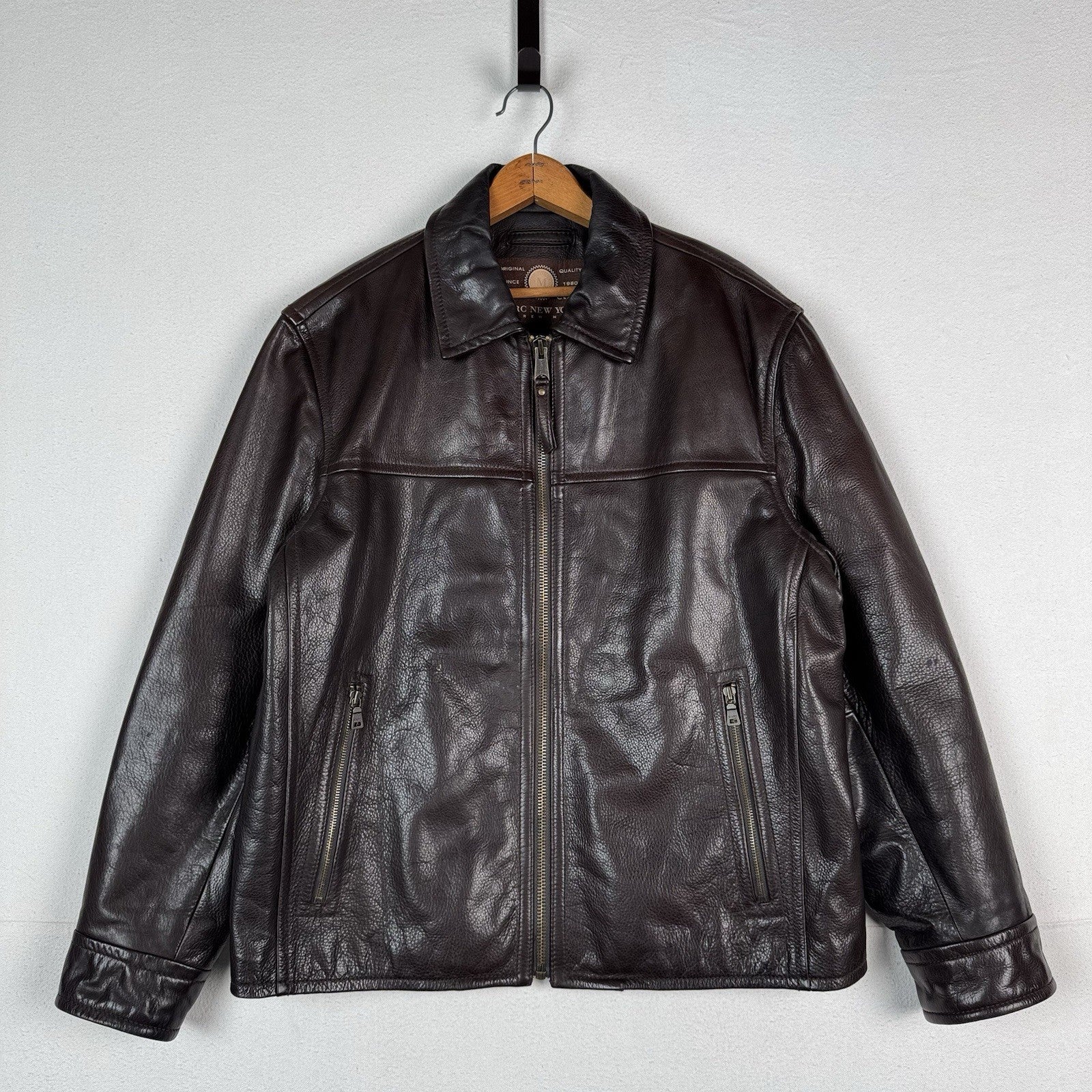 Marc New York Men’s Large 100% Leather Bomber Jacket Soft Dark Brown P2P: 24”