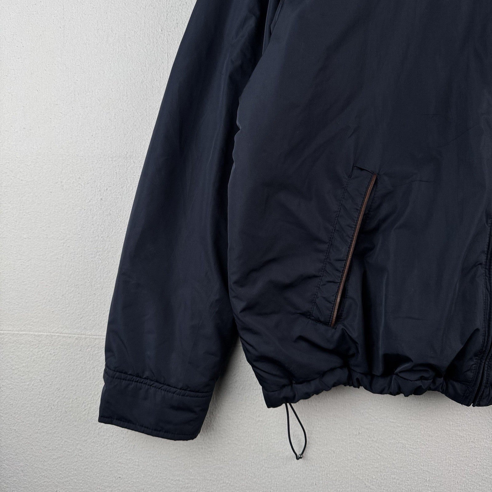 90's Vtg Polo Ralph Lauren Jacket Men XL Navy Leather Trim Lined Stowaway Hood