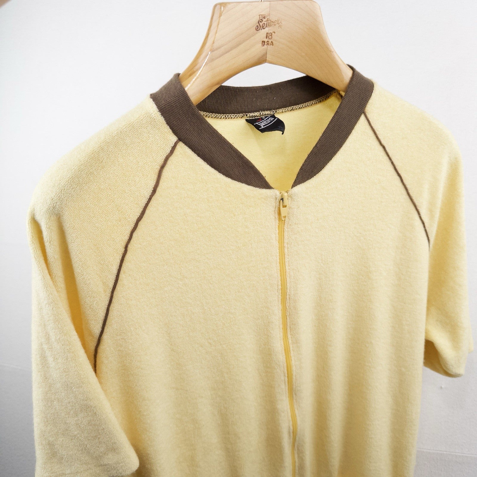 70s Vtg Jantzen Mens XL Yellow Terry Short Sleeve Zip Cabana Pool Shirt Made USA