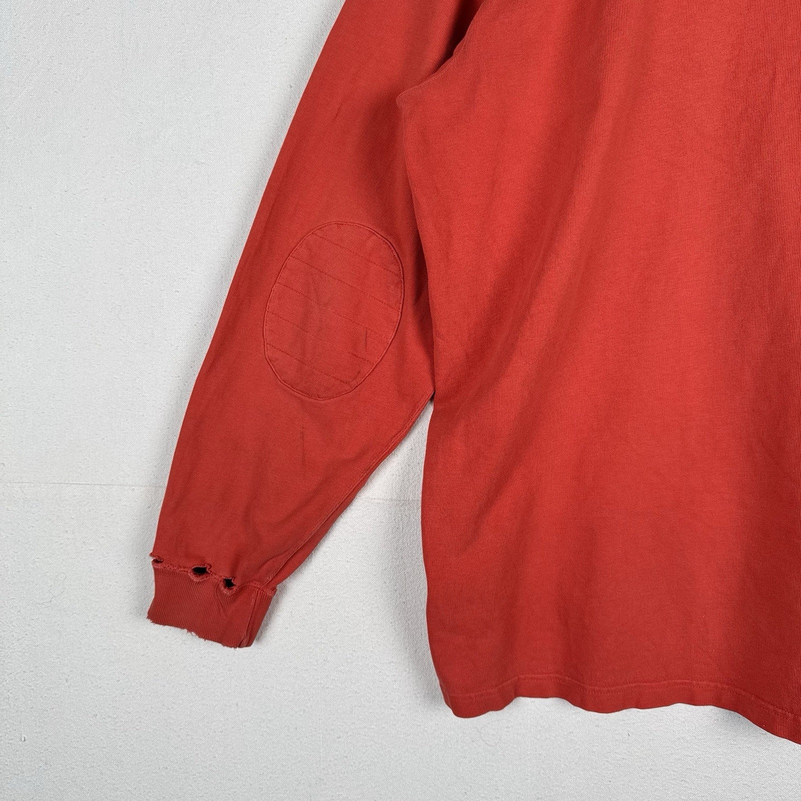 90’s Vtg Polo Ralph Lauren Rugby Shirt Mens L Orange Quilted Elbows *Distressed