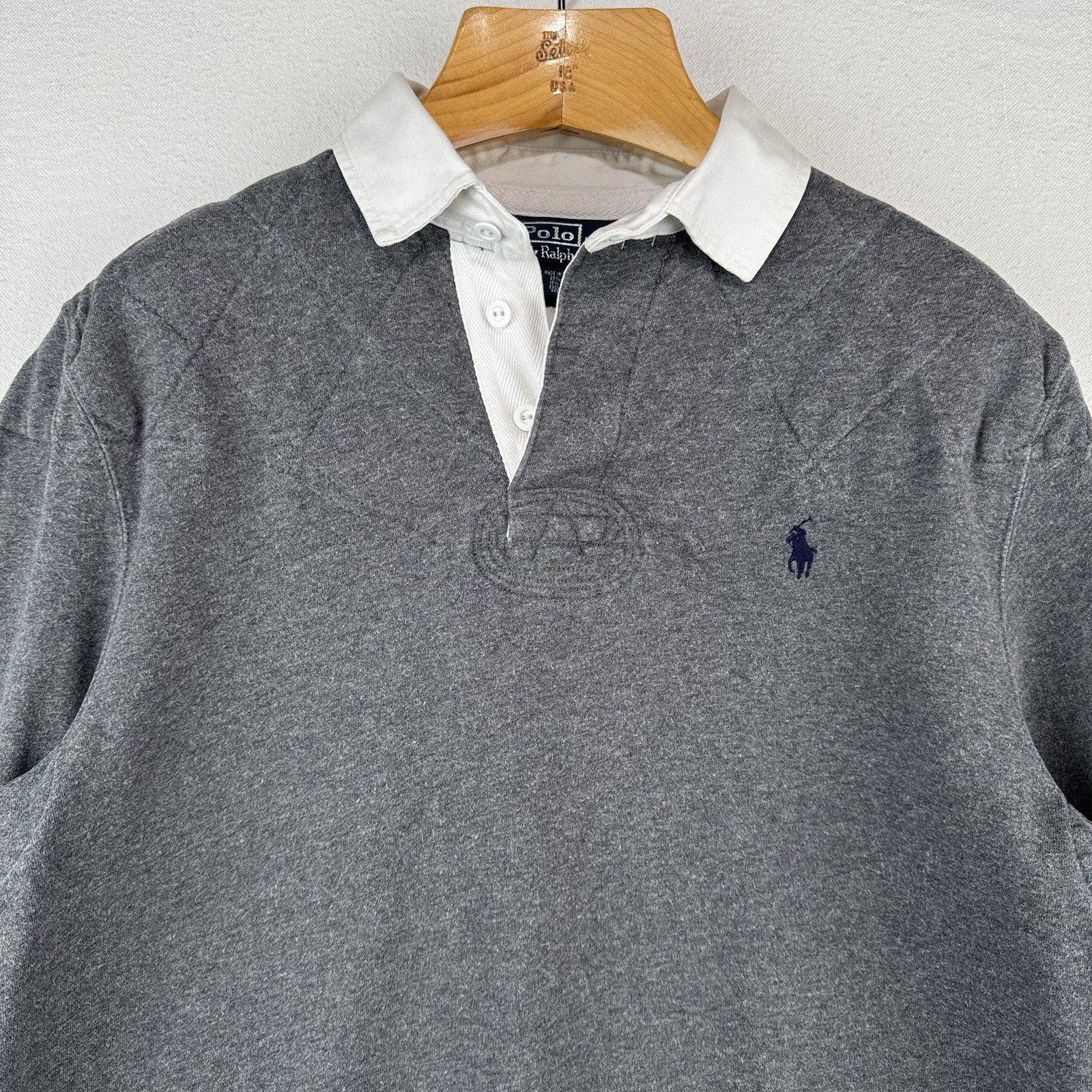 90s Vtg Polo Ralph Lauren Mens L Rugby Shirt Long Sleeve Padded Shoulders/Elbows