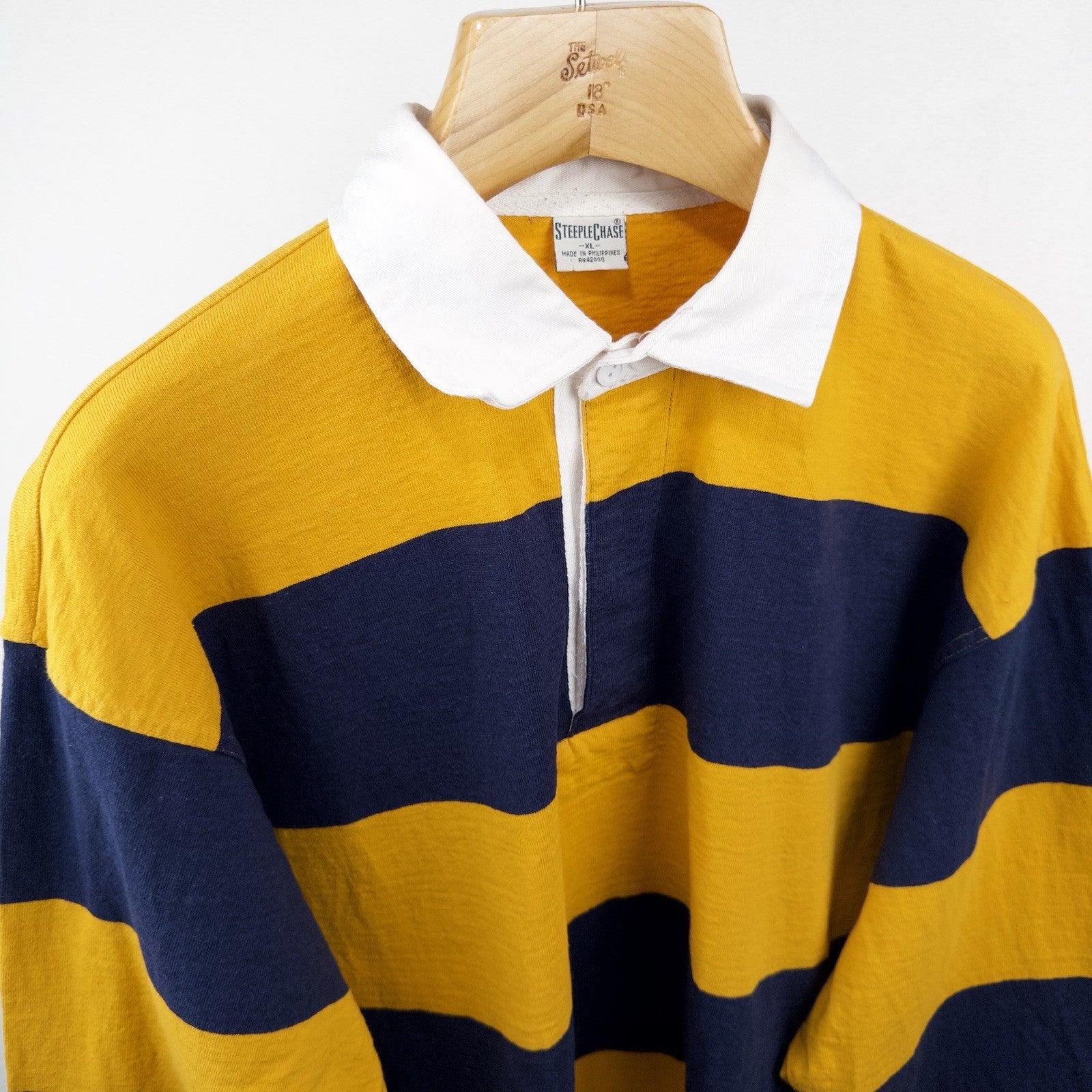 80’s Vtg Steeplechase Men’s XL Yellow Blue Striped Long Sleeve Polo Rugby