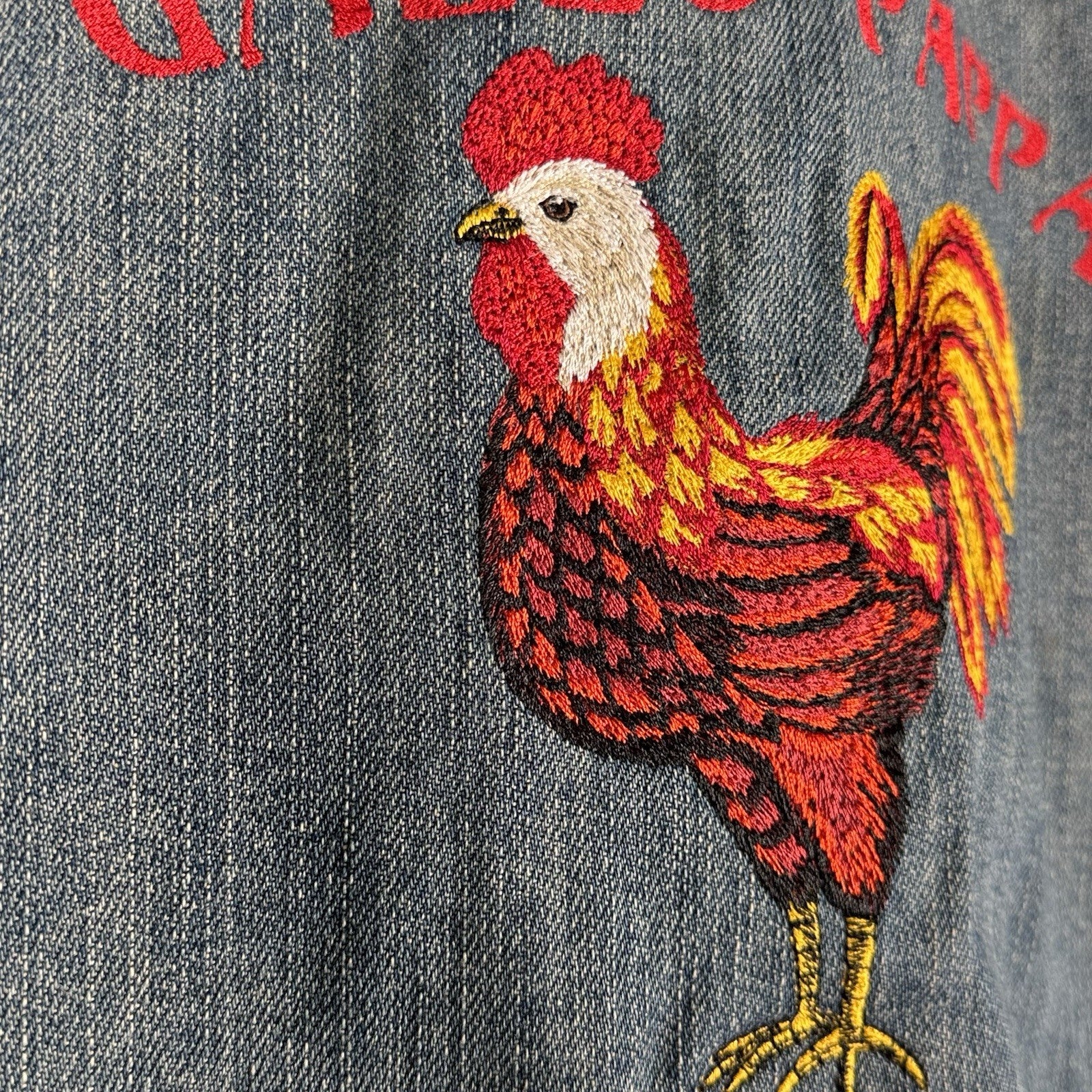 Vtg Old Navy Men’s 2XL Embroidered Jean Jacket Gallo Papa Tiki Hut Rooster *Read