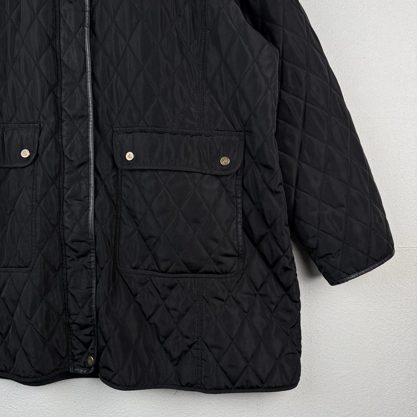 Lauren Ralph Lauren Diamond Quilted Women's 2X Black Hooded Jacket Elbow Patches