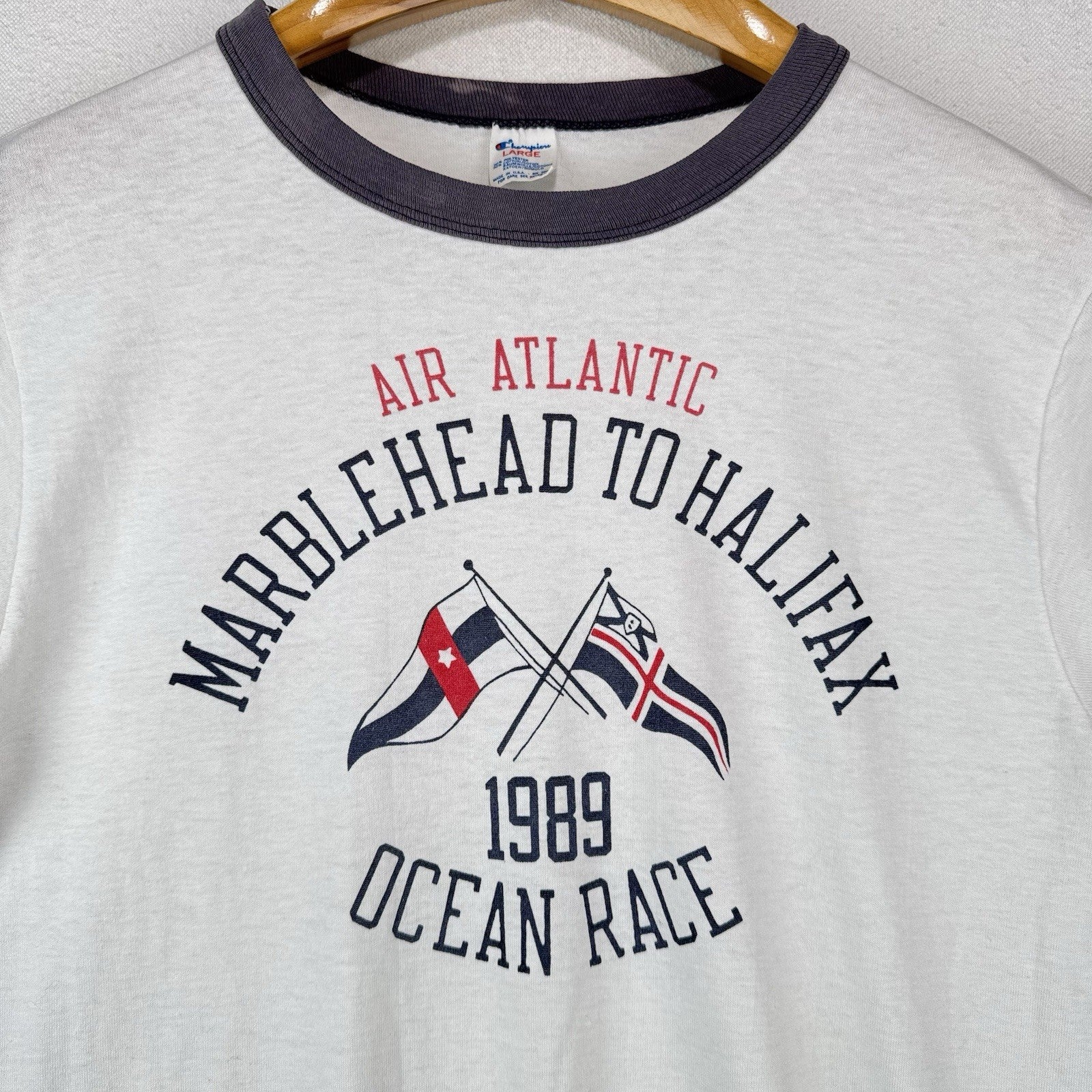 80’s Vtg Champion 1989 Marblehead To Halifax Ocean Race Ringer Tee White Large
